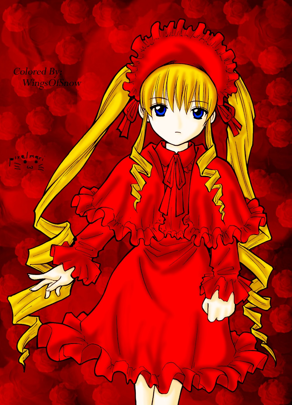 1girl blonde_hair blue_eyes bonnet bow bowtie capelet cowboy_shot dress drill_hair expressionless floral_background flower frills image long_hair long_sleeves looking_at_viewer red_capelet red_dress red_flower red_rose red_theme rose shinku solo twintails