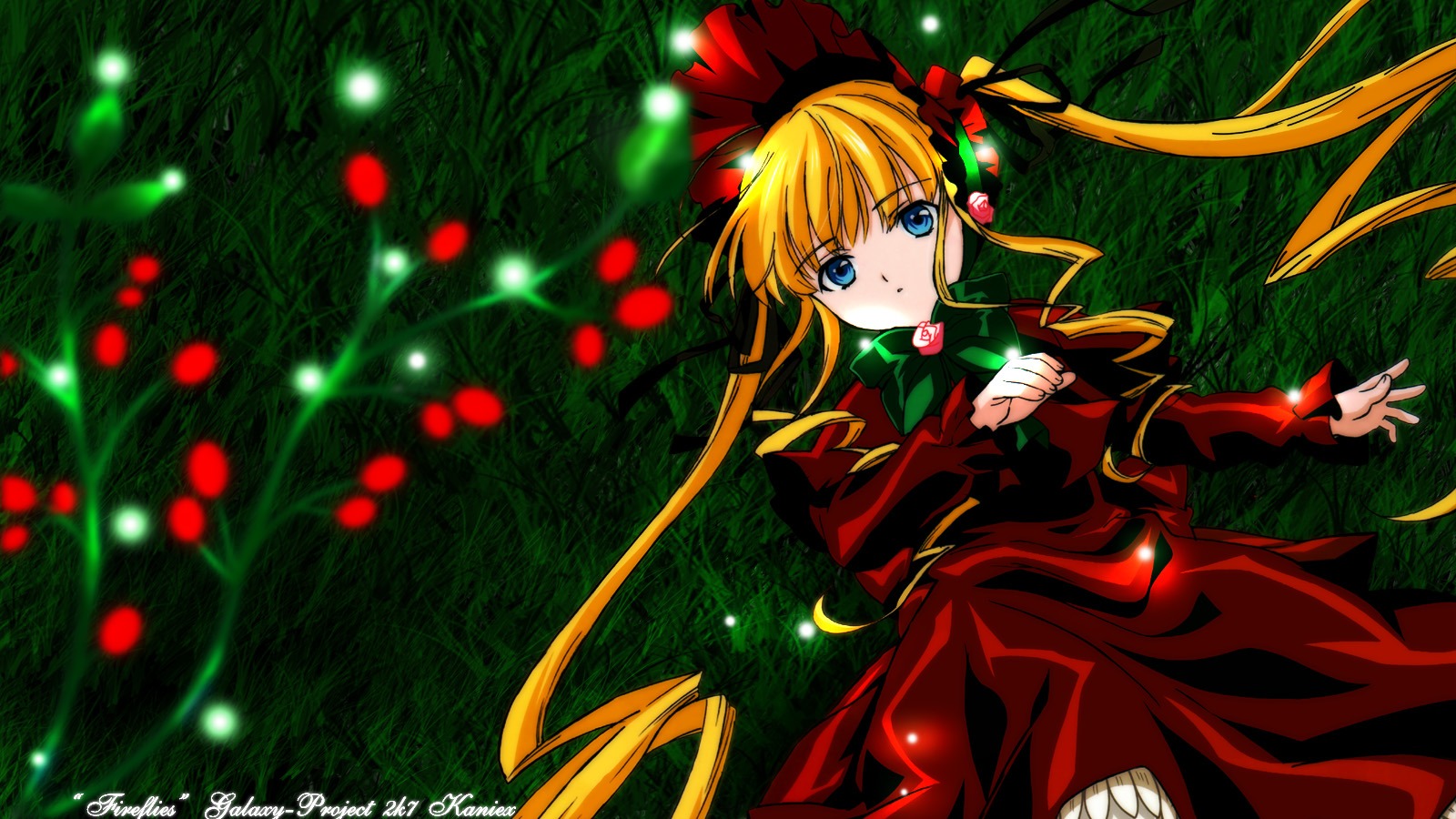 1girl blonde_hair blue_eyes bow bowtie capelet dress forest grass image long_hair long_sleeves nature outdoors red_dress shinku solo standing twintails very_long_hair