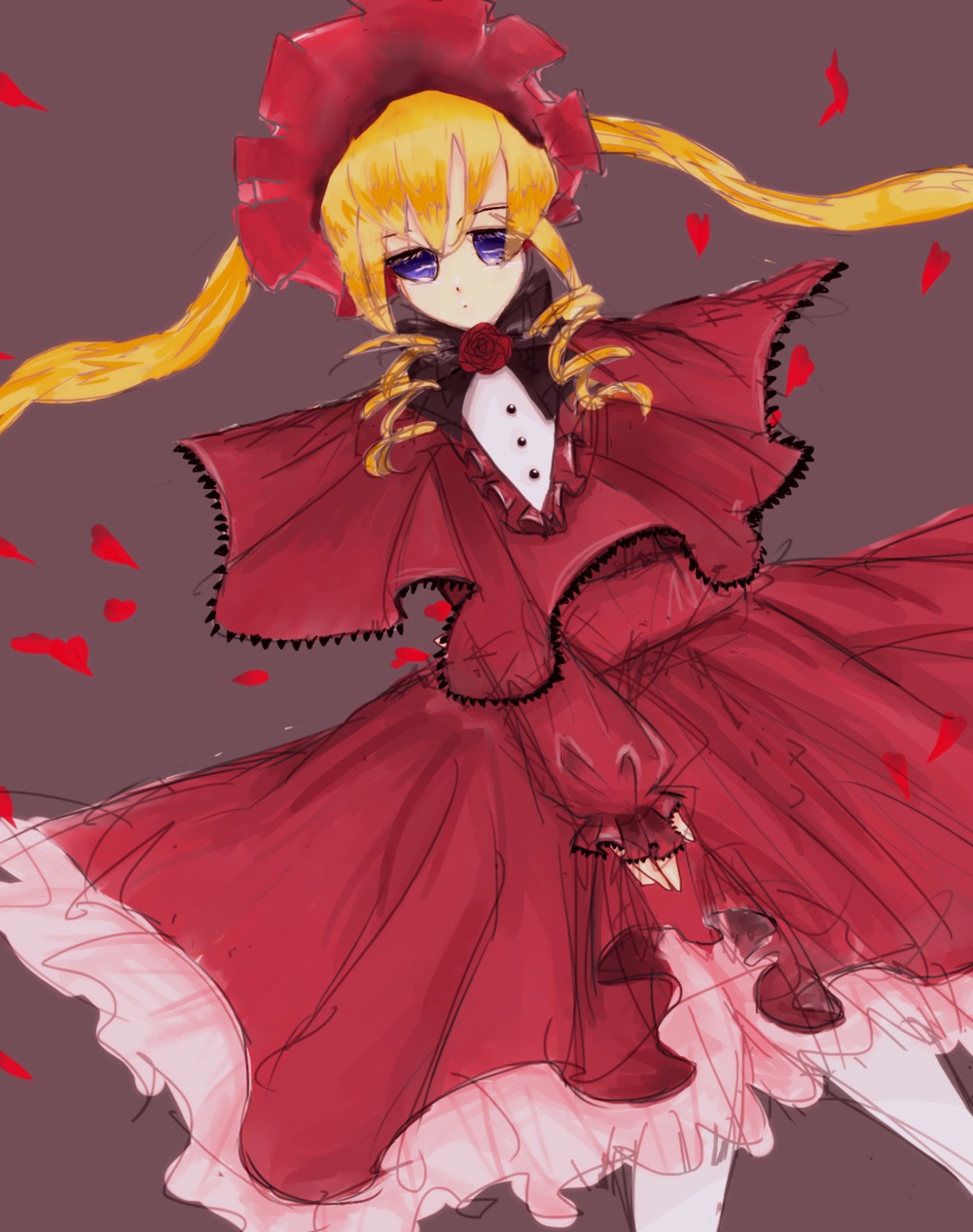 1girl blonde_hair blue_eyes bonnet bow capelet dress flower image long_hair long_sleeves looking_at_viewer petals red_capelet red_dress red_flower red_rose rose rose_petals shinku simple_background solo standing twintails