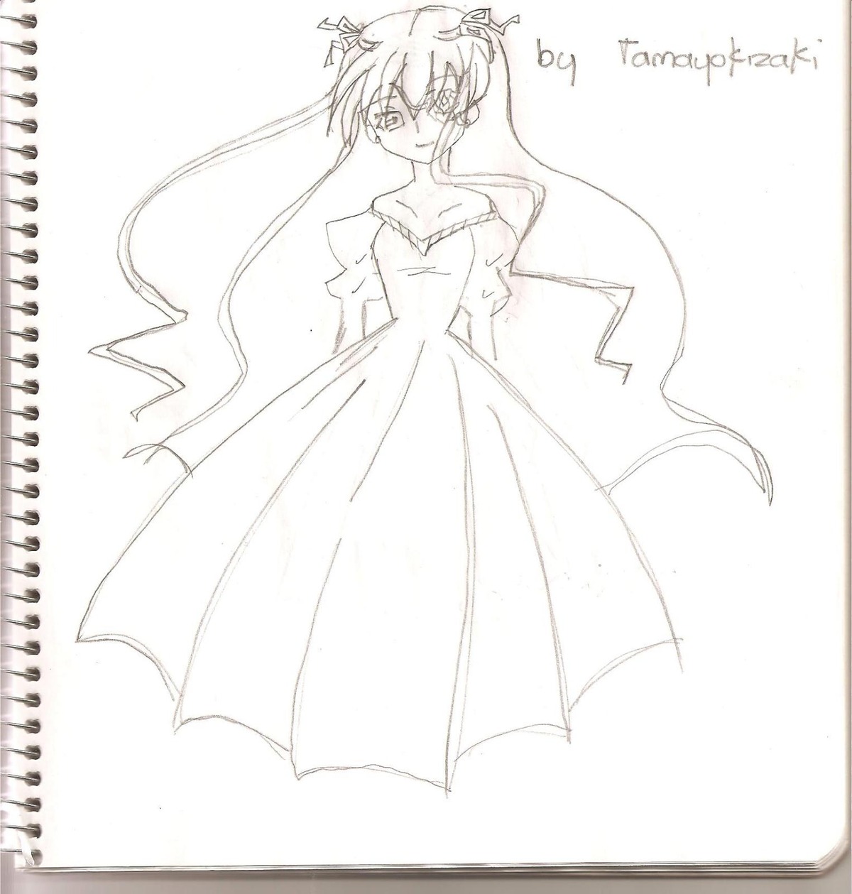 1girl barasuishou bare_shoulders dress image long_dress long_hair looking_at_viewer monochrome solo twintails