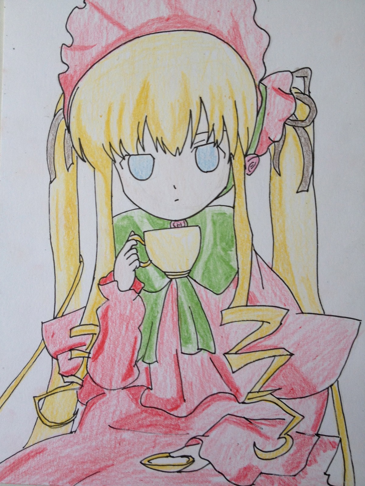 1girl bangs blonde_hair blue_eyes bow colored_pencil_(medium) cup dress expressionless holding holding_cup image long_hair long_sleeves looking_at_viewer marker_(medium) millipen_(medium) no_nose photo pink_dress shinku simple_background solo teacup traditional_media very_long_hair watercolor_(medium)