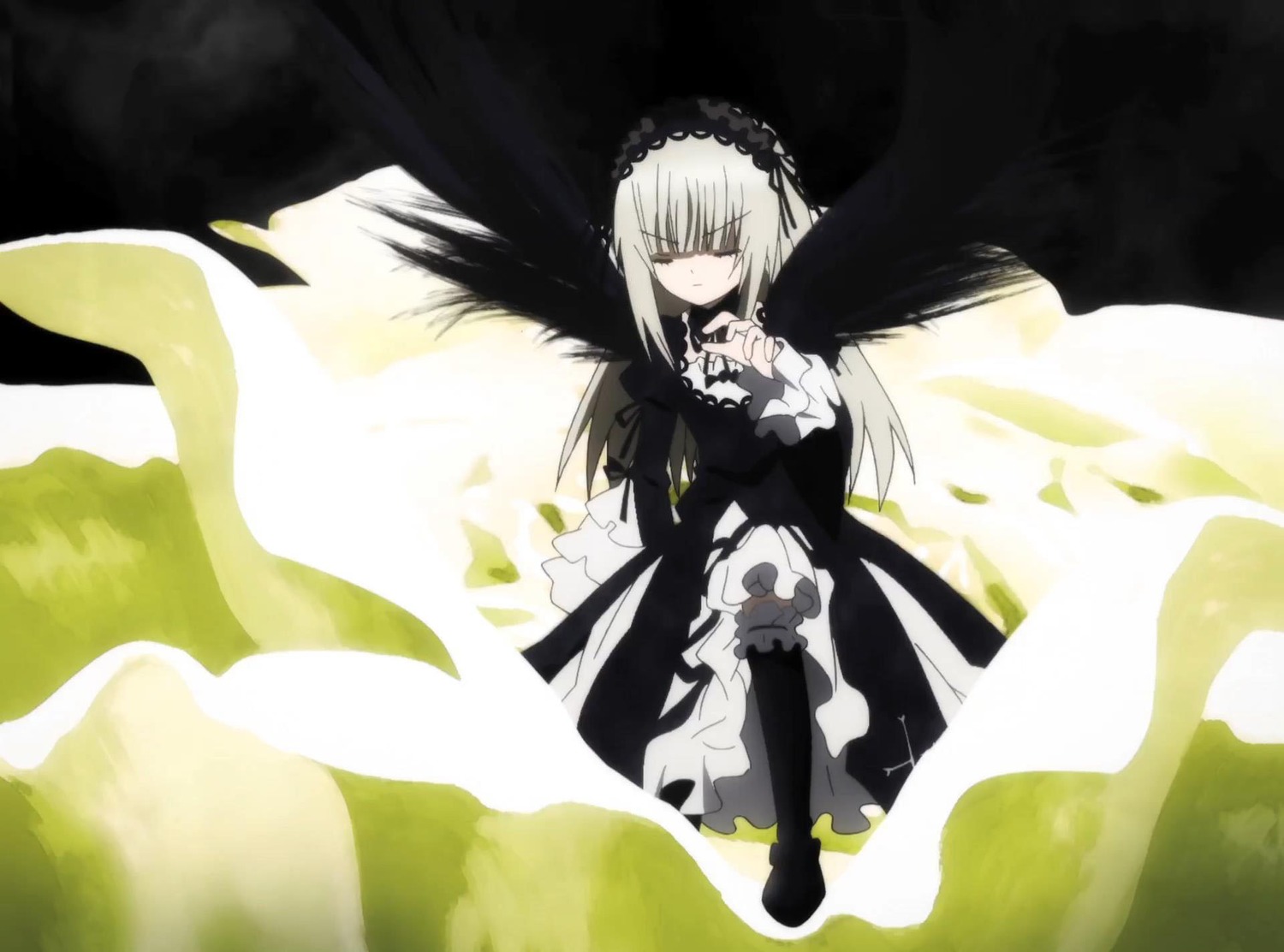 1girl black_dress black_ribbon black_wings boots closed_eyes dress flower frills full_body hairband image long_hair long_sleeves puffy_sleeves ribbon rose silver_hair solo suigintou very_long_hair wings