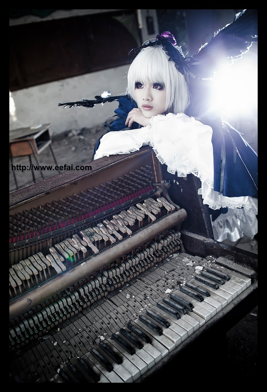 1girl black_border bow_(instrument) dress frills hairband instrument letterboxed lips music piano playing_instrument purple_eyes sheet_music solo suigintou white_hair