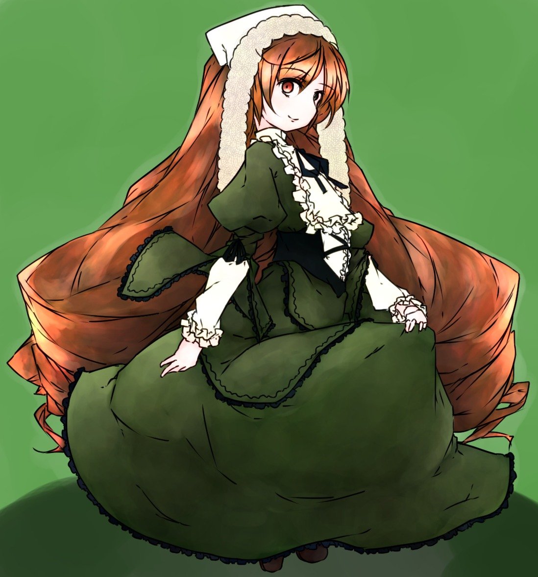 1girl brown_hair corset dress drill_hair frills full_body green_background green_dress image long_hair long_sleeves looking_at_viewer simple_background solo suiseiseki twin_drills very_long_hair