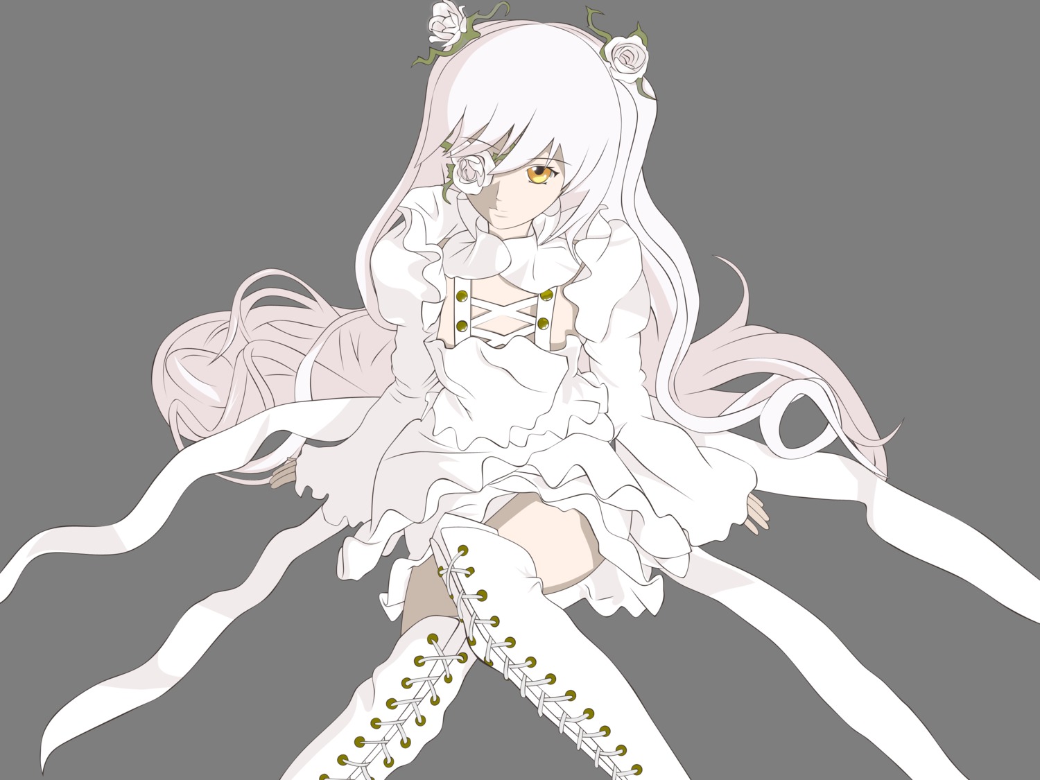 1girl auto_tagged boots dress eve_(elsword) eyepatch flower hair_flower image kirakishou knee_boots long_hair rose sitting solo thigh_boots thighhighs transparent_background very_long_hair white_flower white_footwear white_hair white_rose yellow_eyes
