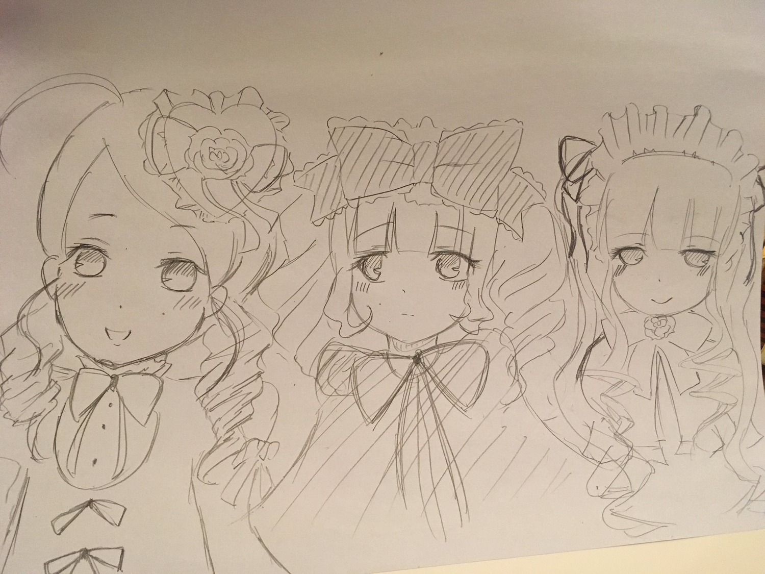 ahoge blush bow drill_hair flower hair_ornament image long_hair looking_at_viewer monochrome multiple rose sketch smile tagme tears traditional_media