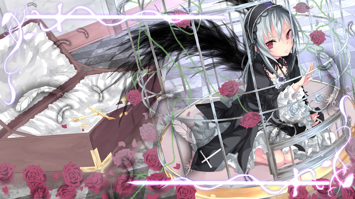 1girl cross dress flower gothic_lolita hairband image lolita_fashion lolita_hairband long_hair pink_flower pink_rose purple_rose red_eyes red_flower red_rose rose solo suigintou thorns vines white_rose wings