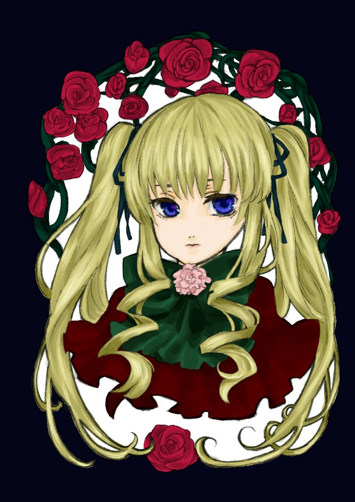 1girl blonde_hair blue_eyes drill_hair flower image long_hair looking_at_viewer pink_flower pink_rose red_capelet red_flower red_rose rose shinku simple_background solo thorns twintails vines