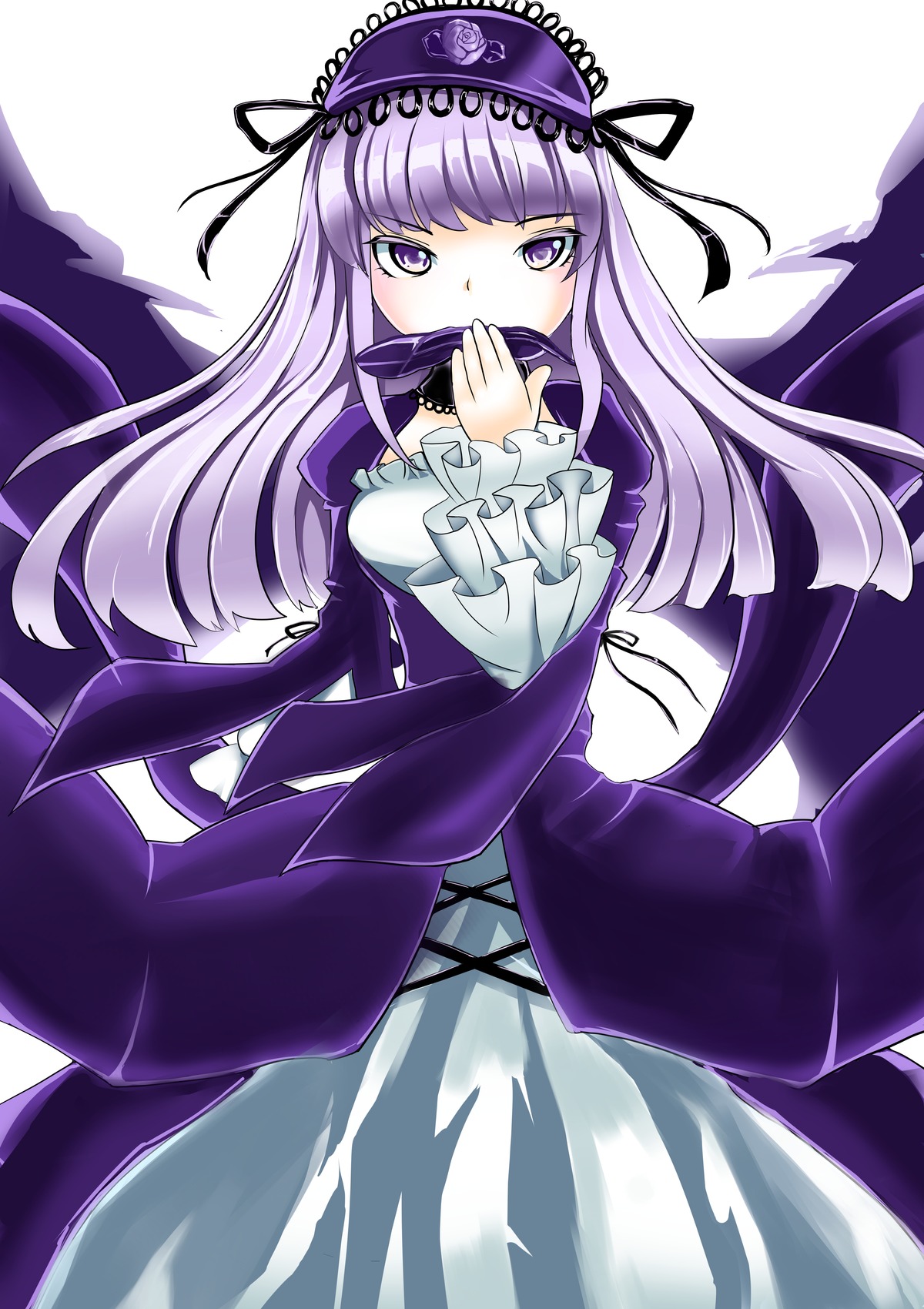 1girl covering_mouth dress frills hairband lolita_hairband long_hair long_sleeves looking_at_viewer purple_eyes ribbon solo suigintou wings