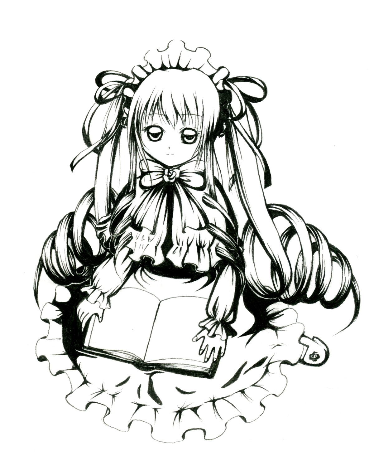 1girl blush book dress drill_hair frills greyscale image long_hair long_sleeves looking_at_viewer monochrome ribbon shinku simple_background solo twin_drills twintails very_long_hair white_background