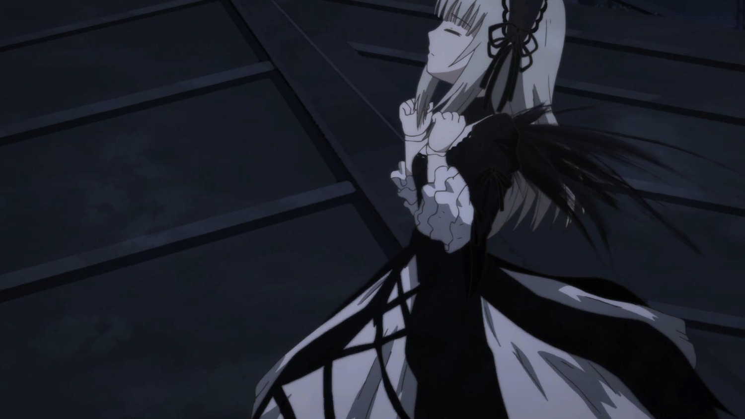 1girl black_wings closed_eyes closed_mouth dress feathered_wings flower frilled_sleeves frills hairband image long_hair long_sleeves profile ribbon rose solo suigintou very_long_hair wings