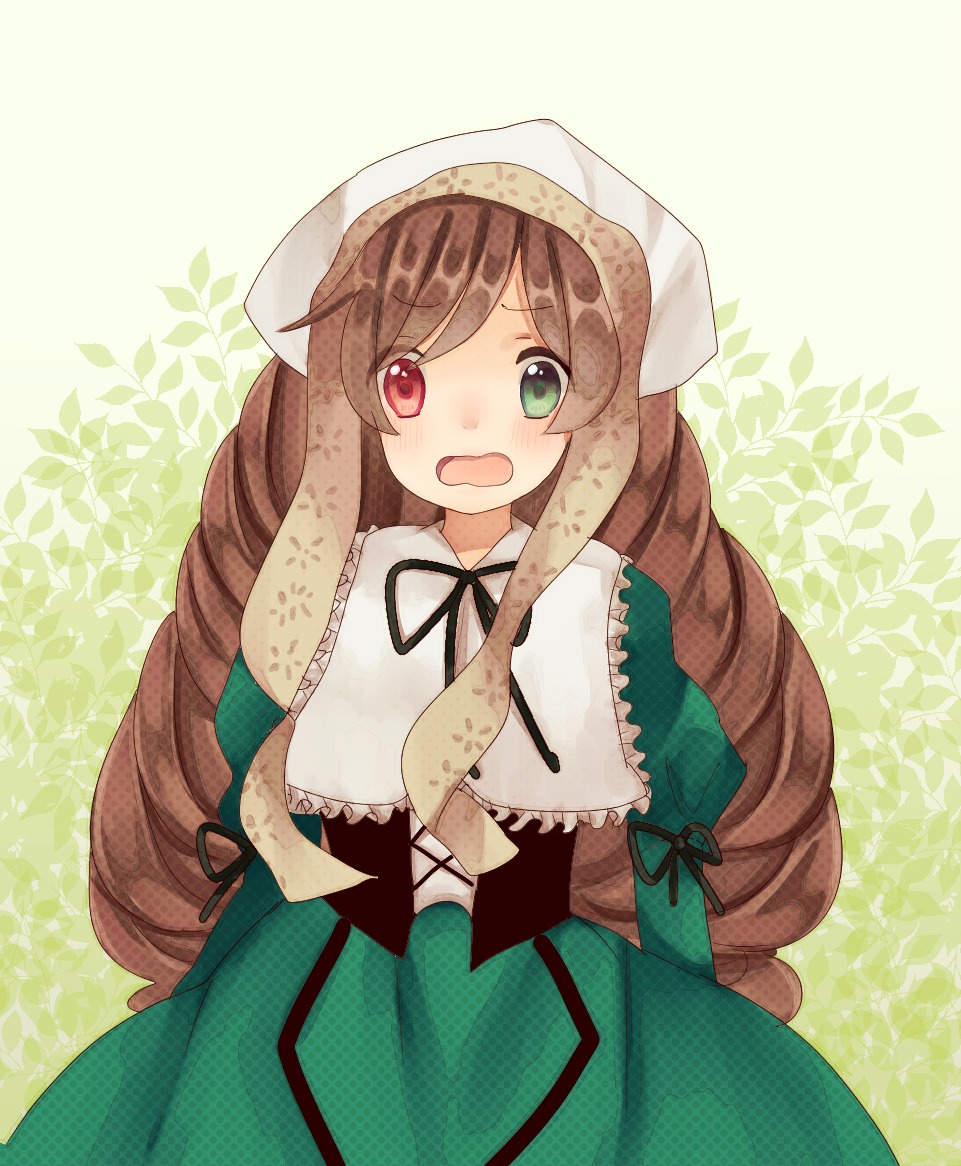 1girl blush brown_hair dress drill_hair frills green_dress green_eyes hat head_scarf heterochromia image long_hair long_sleeves looking_at_viewer open_mouth red_eyes solo suiseiseki very_long_hair