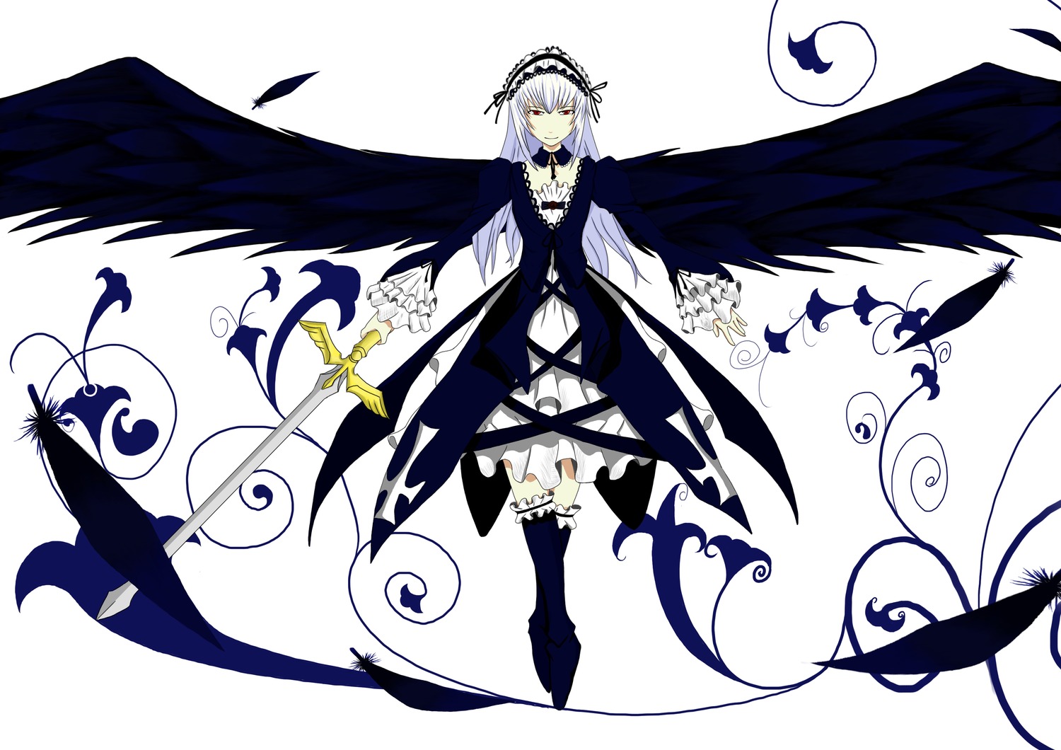 1girl black_wings boots dress feathers flower frills full_body hairband holding image long_hair long_sleeves looking_at_viewer red_eyes ribbon rose silver_hair solo suigintou weapon white_background wings