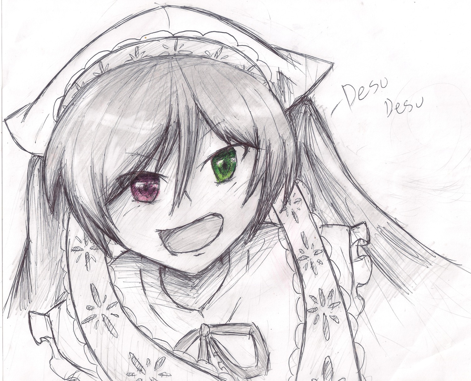 1girl frills green_eyes heterochromia image long_hair looking_at_viewer maid_headdress monochrome open_mouth red_eyes sketch smile solo suiseiseki traditional_media twintails