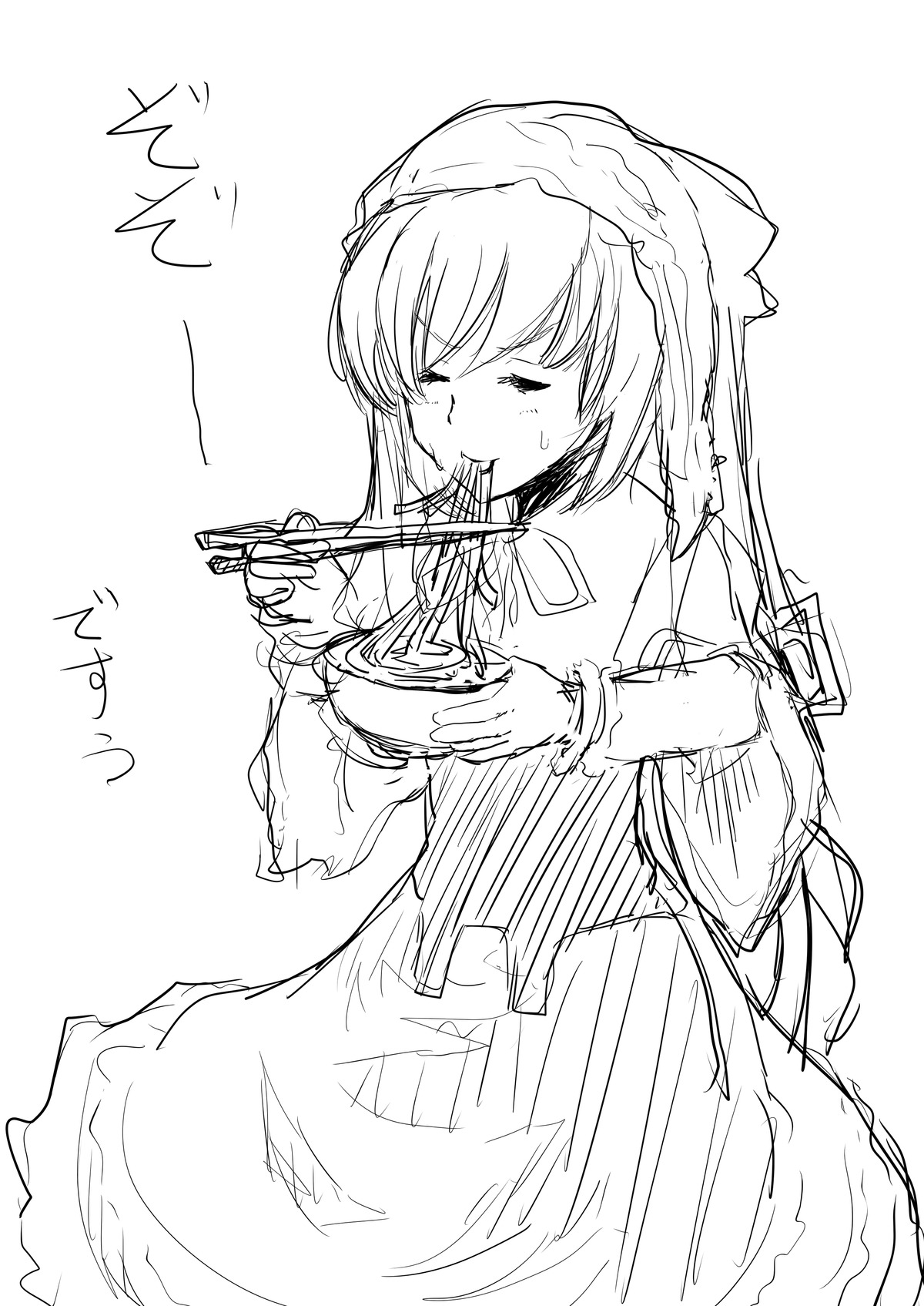 1girl chopsticks closed_eyes eating food greyscale image long_hair long_sleeves monochrome noodles ramen ribbon solo suiseiseki