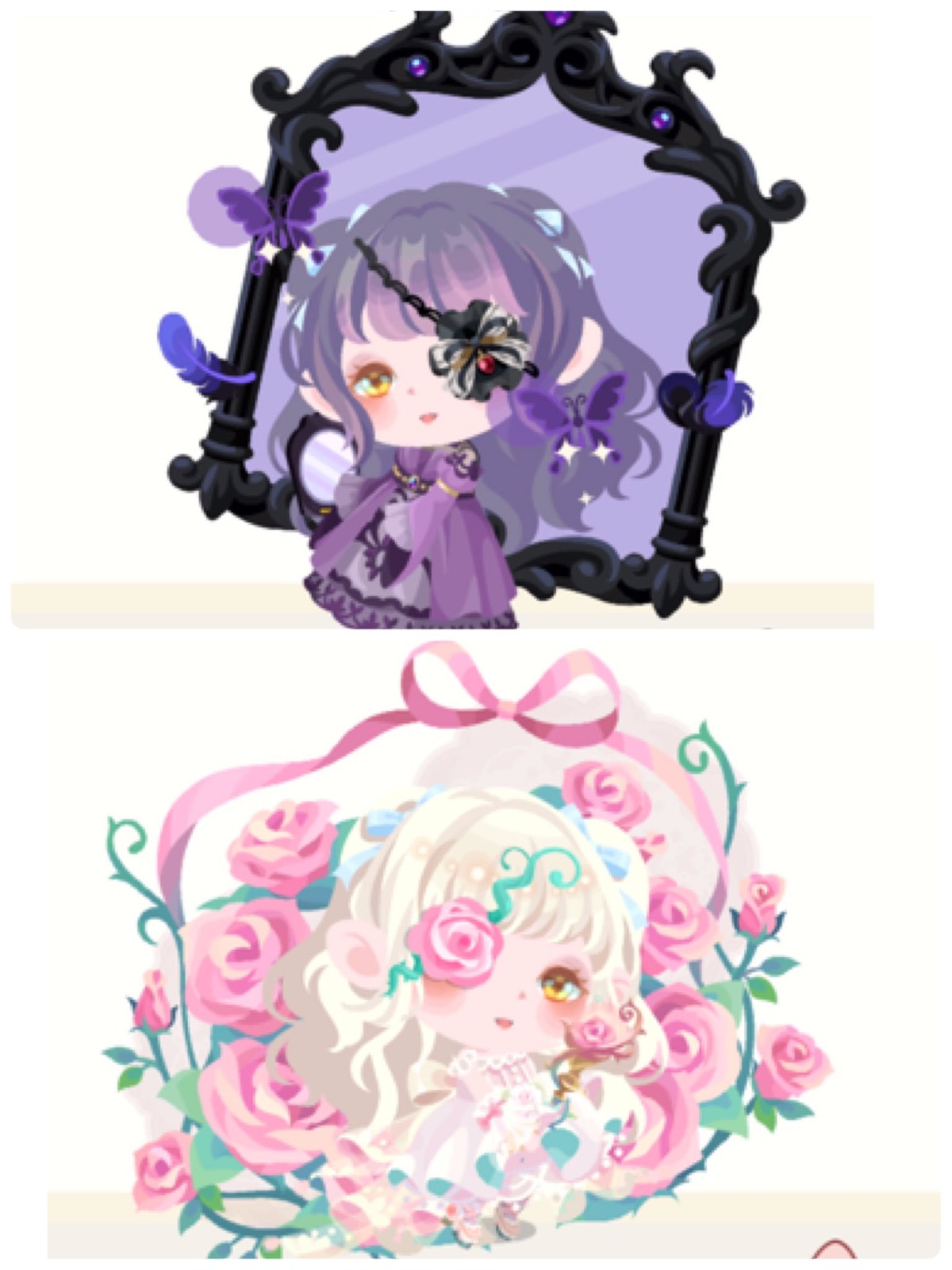 2girls bangs barasuishou bow chibi dress flower hair_ornament image kirakishou long_hair looking_at_viewer multiple_girls pair pink_flower pink_rose puffy_sleeves purple_flower purple_rose rose smile striped thorns vertical_stripes weapon yellow_eyes