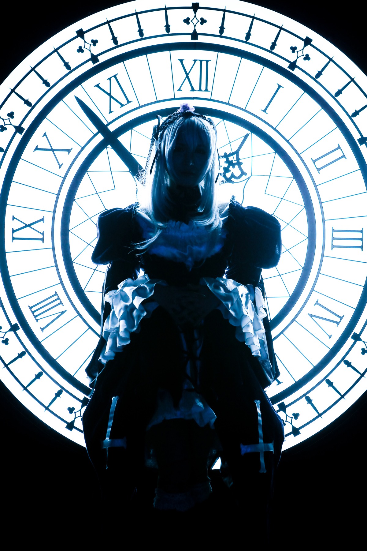 1girl clock dress gears long_sleeves magic_circle monochrome solo stained_glass suigintou wide_sleeves