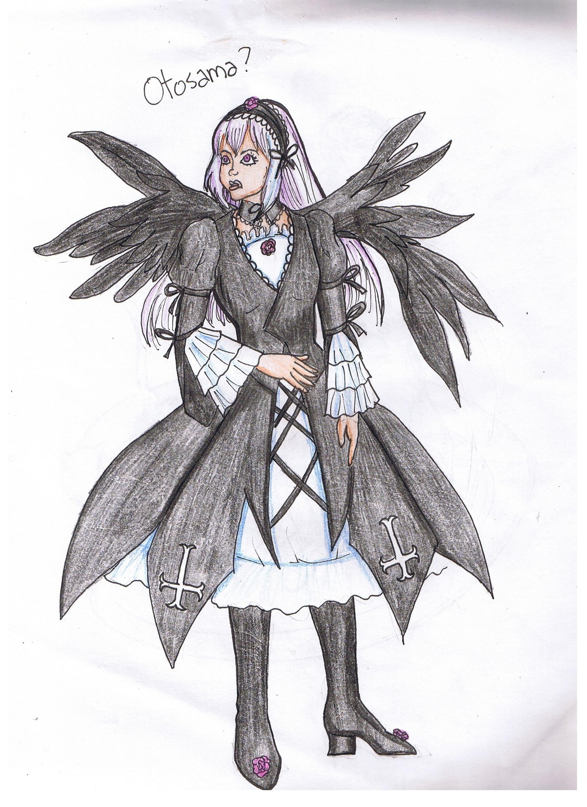 1girl auto_tagged black_wings boots dress feathered_wings frills full_body hairband high_heel_boots high_heels image long_hair long_sleeves looking_at_viewer purple_eyes ribbon solo standing suigintou wings