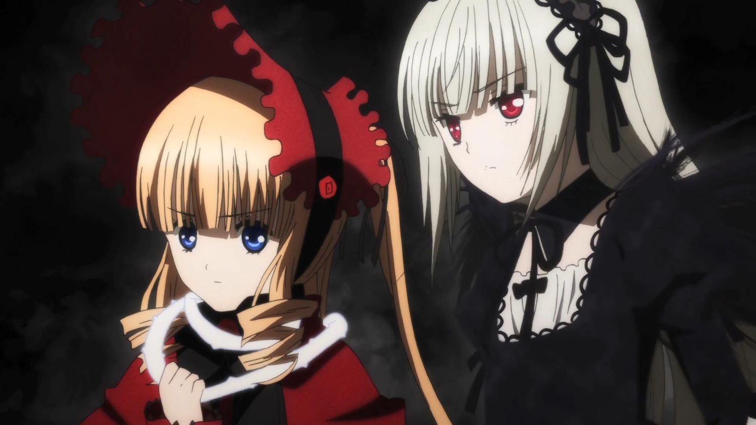 2girls blonde_hair blue_eyes bonnet bow dress drill_hair flower hairband image long_hair long_sleeves multiple_girls pair red_eyes ribbon rose shinku silver_hair suigintou twintails umbrella