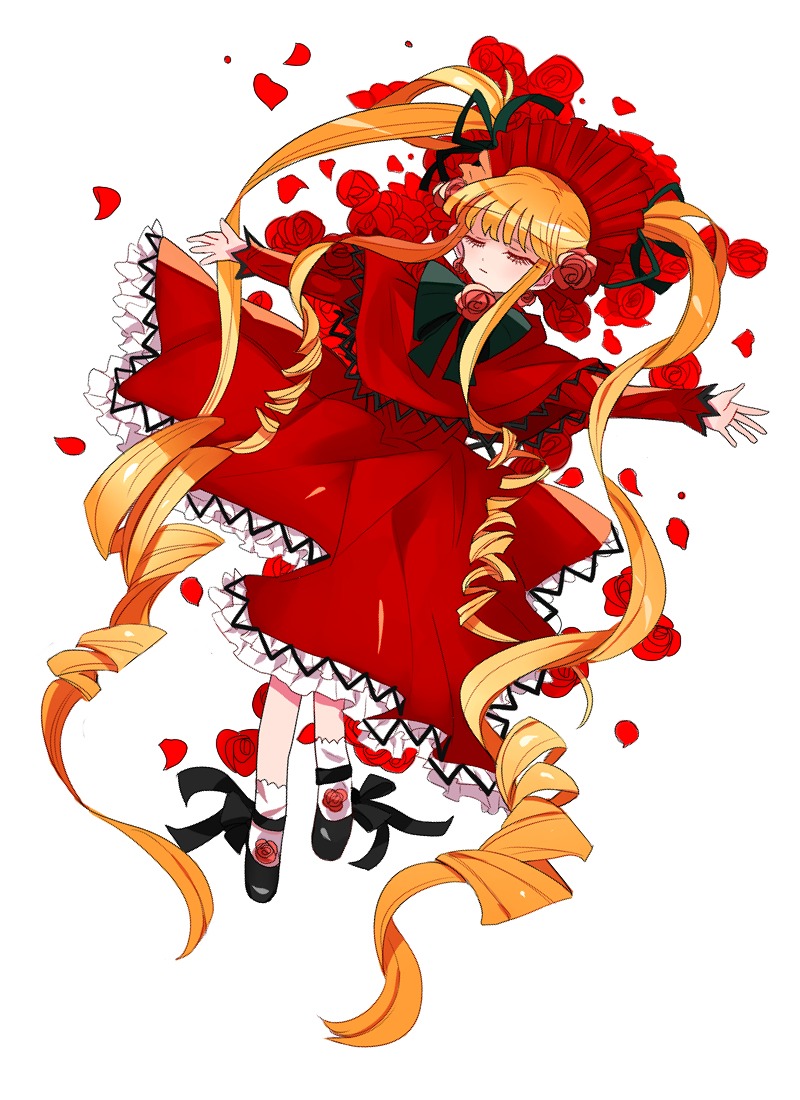 1girl blonde_hair bow closed_eyes dress drill_hair flower full_body image long_hair long_sleeves petals red_dress red_flower ringlets rose rose_petals shinku shoes solo twin_drills twintails very_long_hair