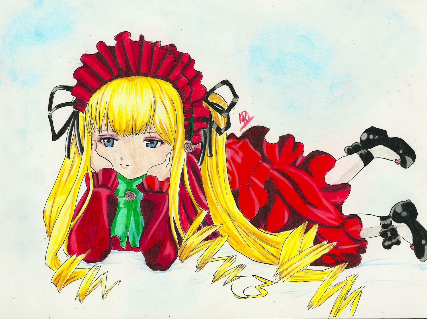 1girl bangs black_footwear blonde_hair blue_eyes bonnet bow bowtie chin_rest closed_mouth dress drill_hair frills full_body green_bow image long_hair long_sleeves looking_at_viewer lying marker_(medium) on_stomach photo red_dress ribbon shinku shoes solo traditional_media twintails