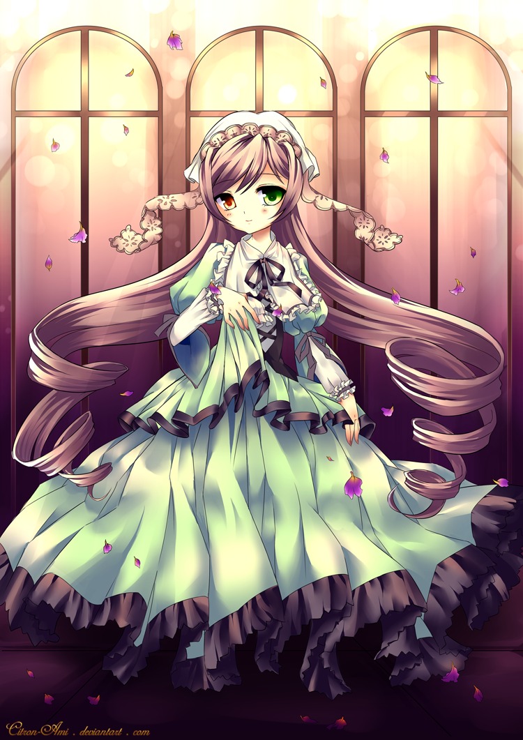 1girl brown_hair dress drill_hair flower frills green_dress green_eyes heterochromia image long_hair long_sleeves looking_at_viewer petals red_eyes ribbon smile solo suiseiseki twin_drills very_long_hair window