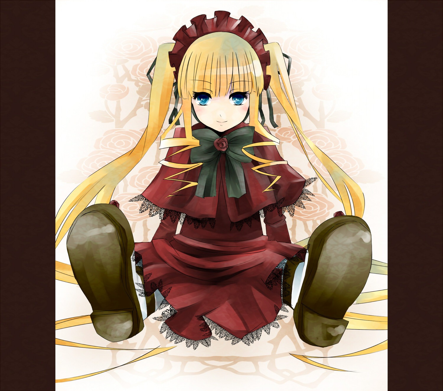 1girl blonde_hair blue_eyes blush bow bowtie capelet dress green_bow image long_hair long_sleeves looking_at_viewer red_dress shinku shoes sitting solo twintails