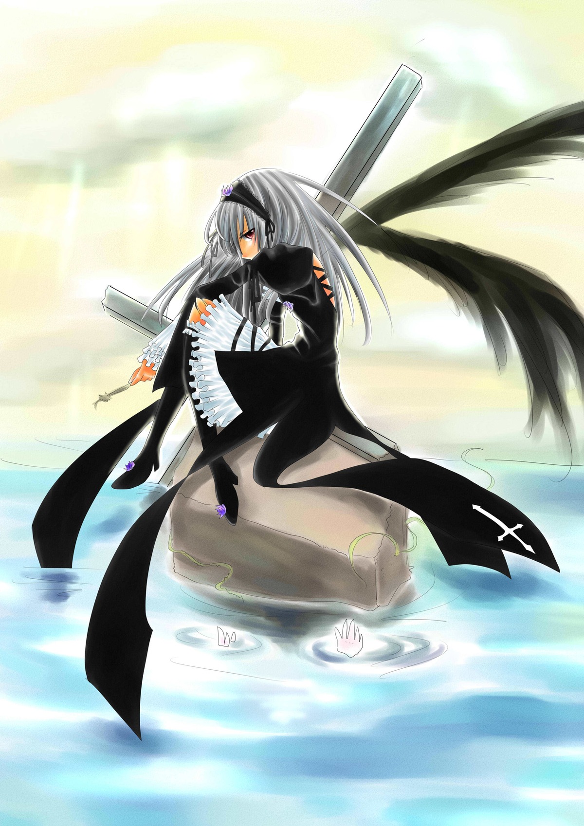 1girl black_dress black_wings dress full_body hairband image long_hair long_sleeves looking_at_viewer red_eyes silver_hair solo suigintou water weapon wings