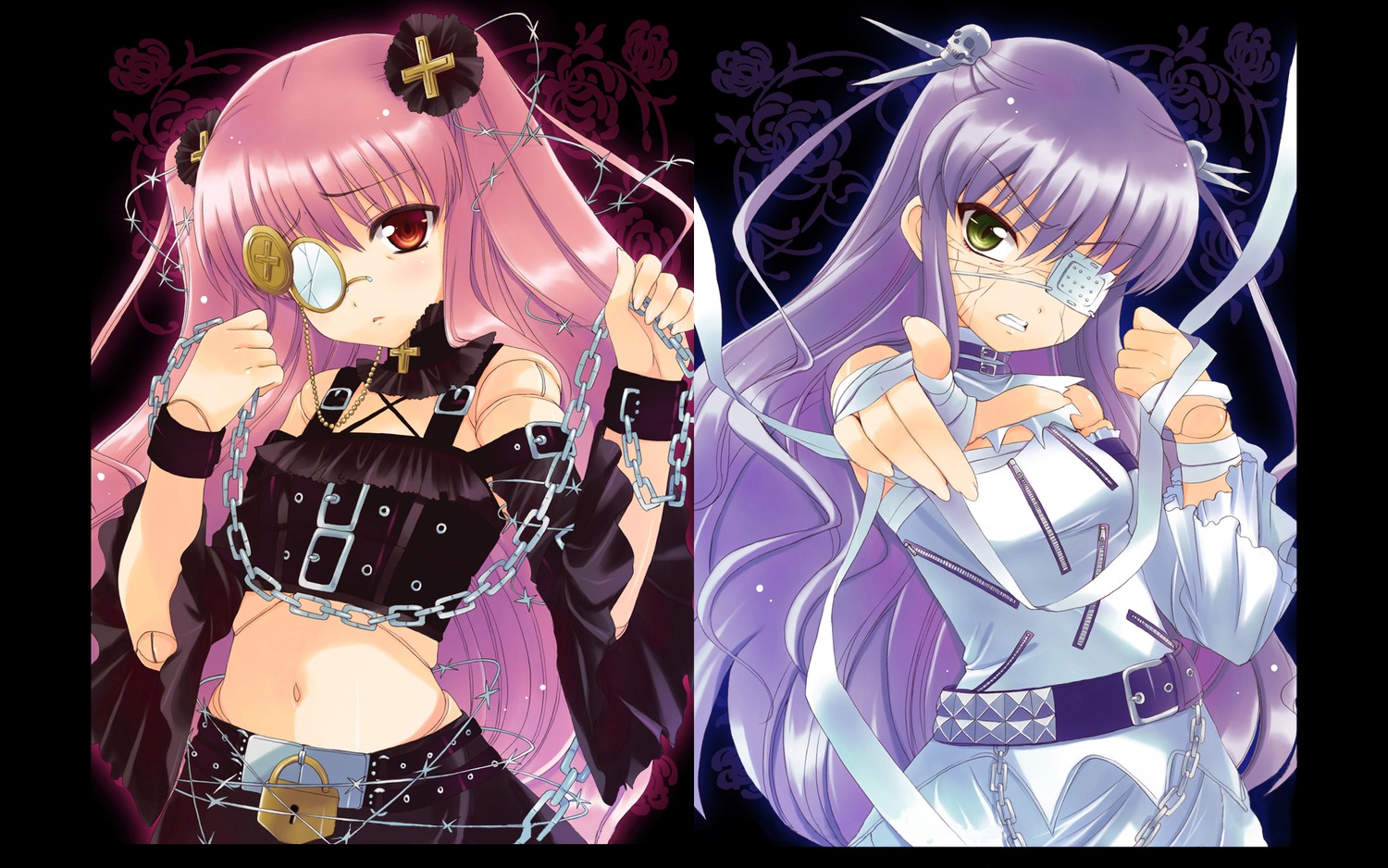 2girls bandages barasuishou barbed_wire belt chain collar cuffs doll_joints eyepatch god_hand_(artist) handcuffs highres image joints kirakishou long_hair midriff monocle monocle_chain multiple_girls pair photoshop_(medium) pink_hair purple_hair red_eyes rose rozen_maiden twintails