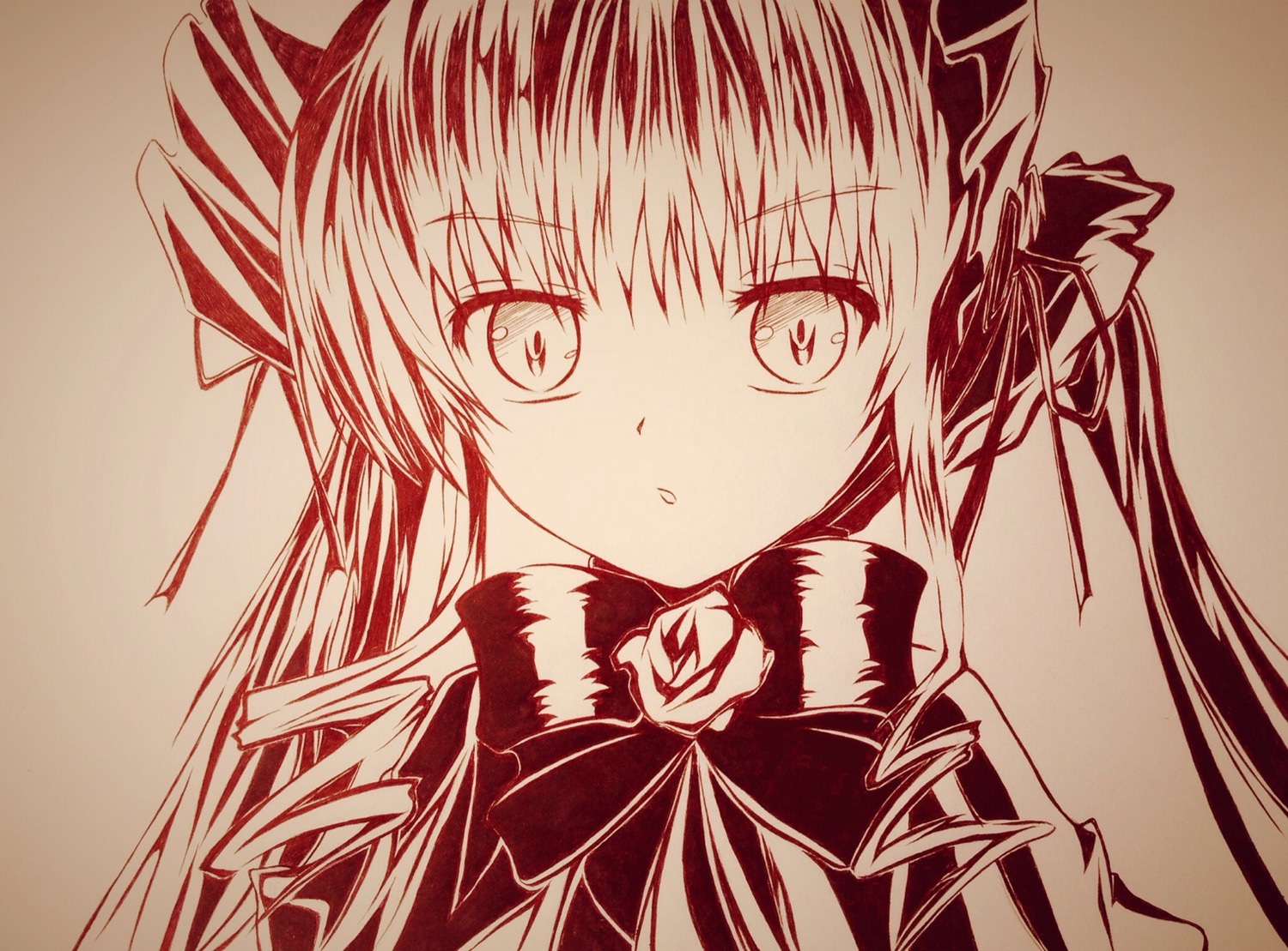 1girl auto_tagged bow drill_hair eyebrows_visible_through_hair hair_ribbon image long_hair looking_at_viewer monochrome ribbon shinku simple_background solo twin_drills twintails upper_body