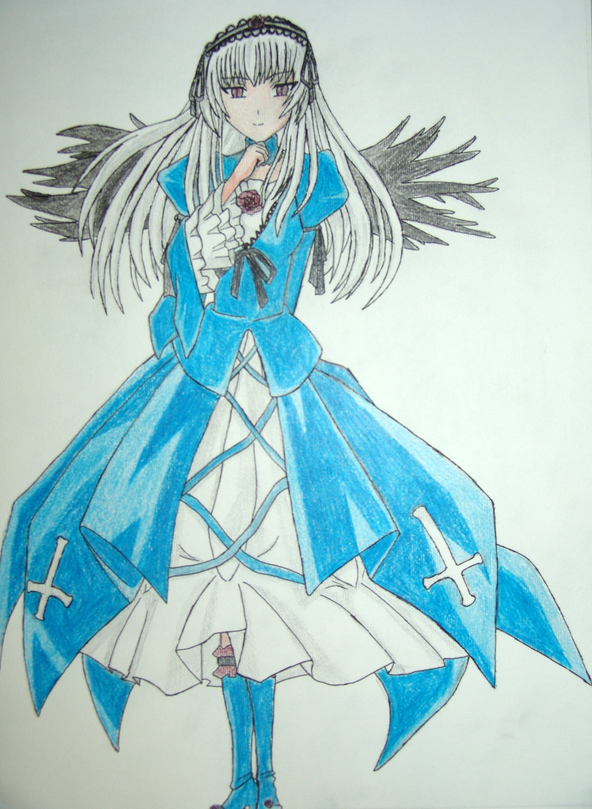 1girl auto_tagged blue_dress dress flower frills hairband image long_hair long_sleeves looking_at_viewer pink_eyes ribbon rose solo standing suigintou traditional_media wings