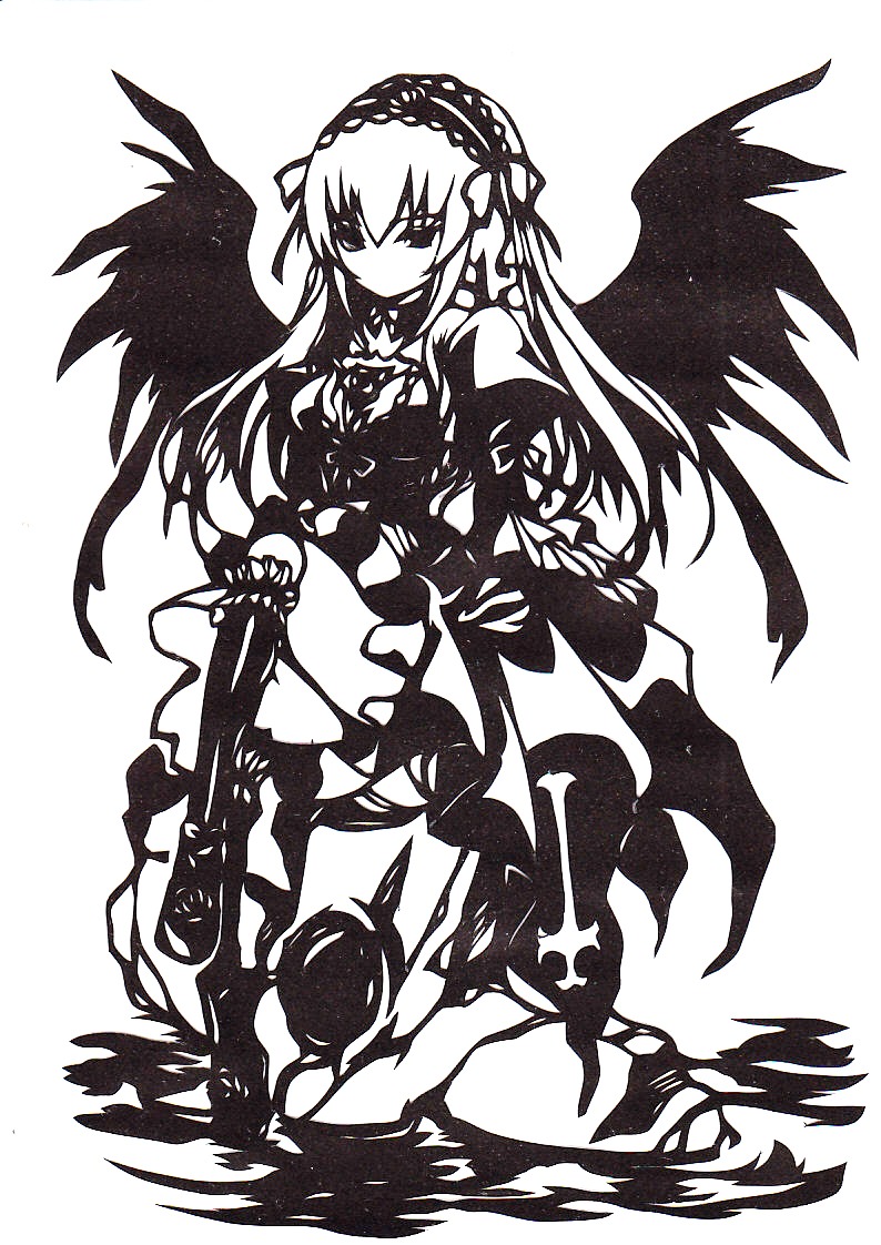 1girl black_wings boots dress frills full_body greyscale hairband image lolita_hairband long_hair long_sleeves looking_at_viewer monochrome simple_background solo suigintou white_background wings