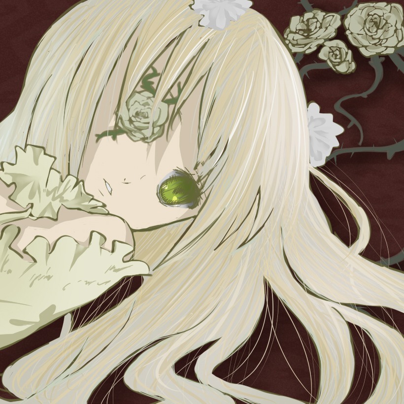 1girl blonde_hair flower frills green_eyes image kirakishou long_hair rose solo white_flower white_rose