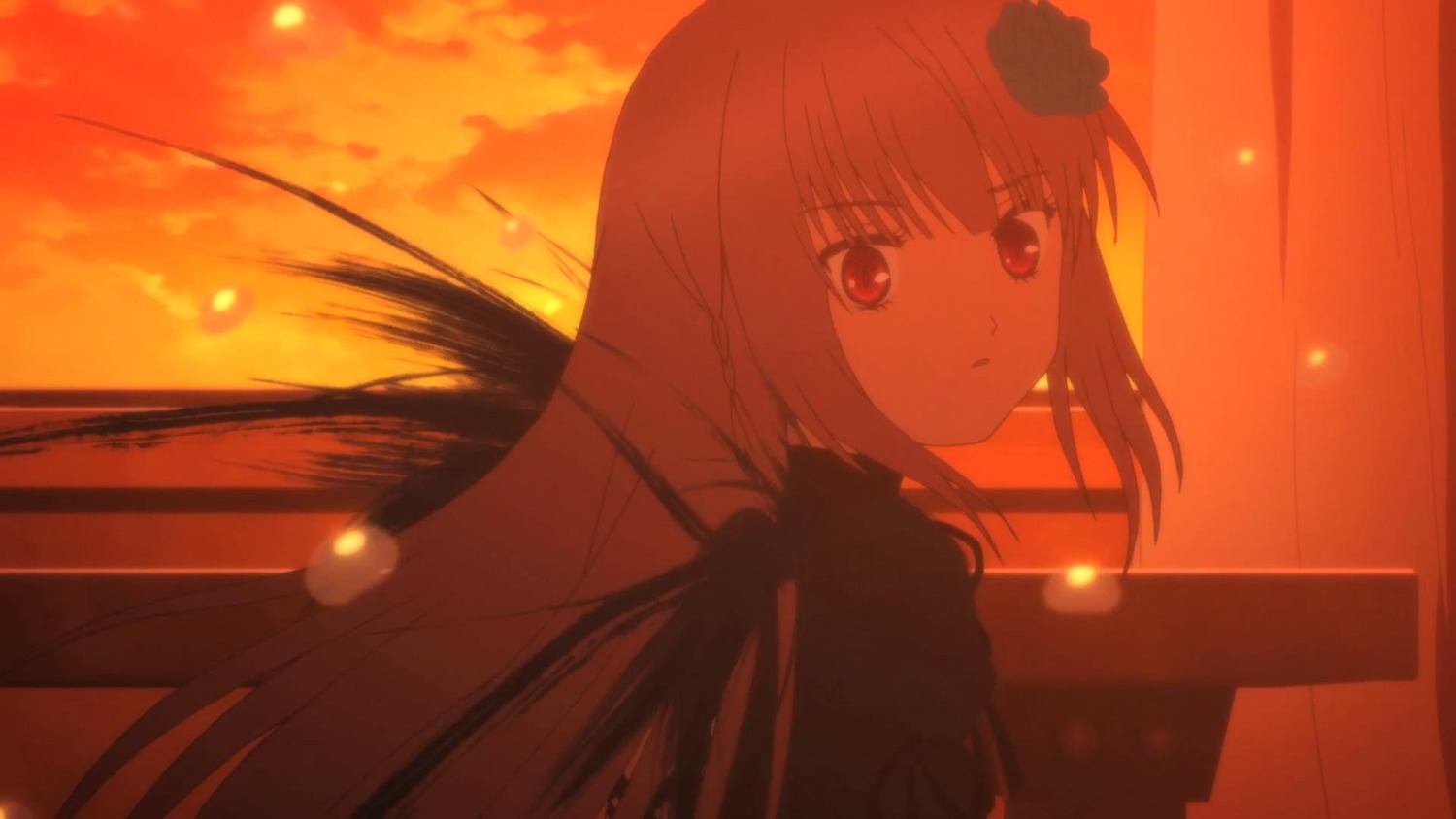 1girl bangs cloud eyebrows_visible_through_hair flower hair_flower hair_ornament image long_hair looking_at_viewer outdoors red_eyes sky solo suigintou sunset wings