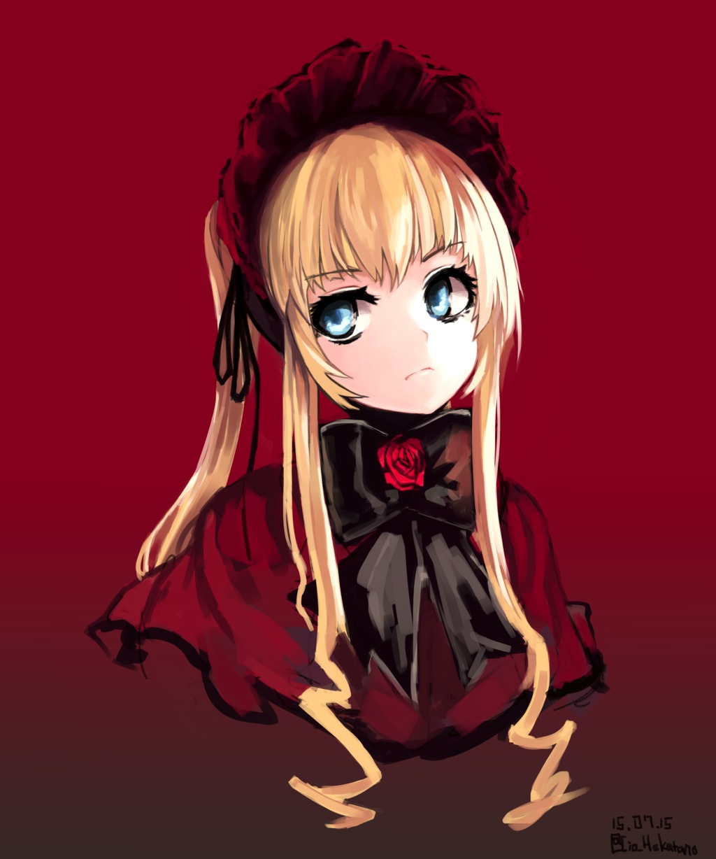 1girl blonde_hair blue_eyes bonnet bowtie capelet closed_mouth flower image long_hair looking_at_viewer red_background red_capelet rose shinku simple_background solo upper_body
