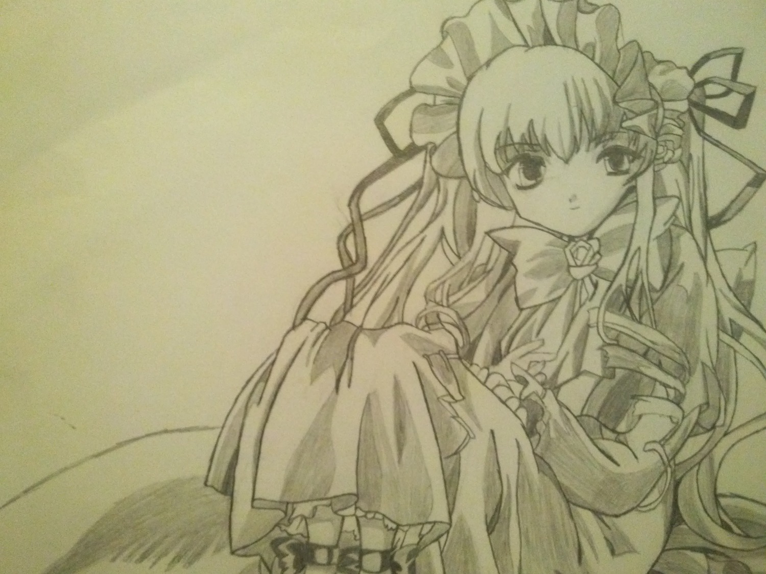 1girl bow bowtie dress frills image long_hair long_sleeves looking_at_viewer monochrome ribbon rose shinku sitting solo very_long_hair