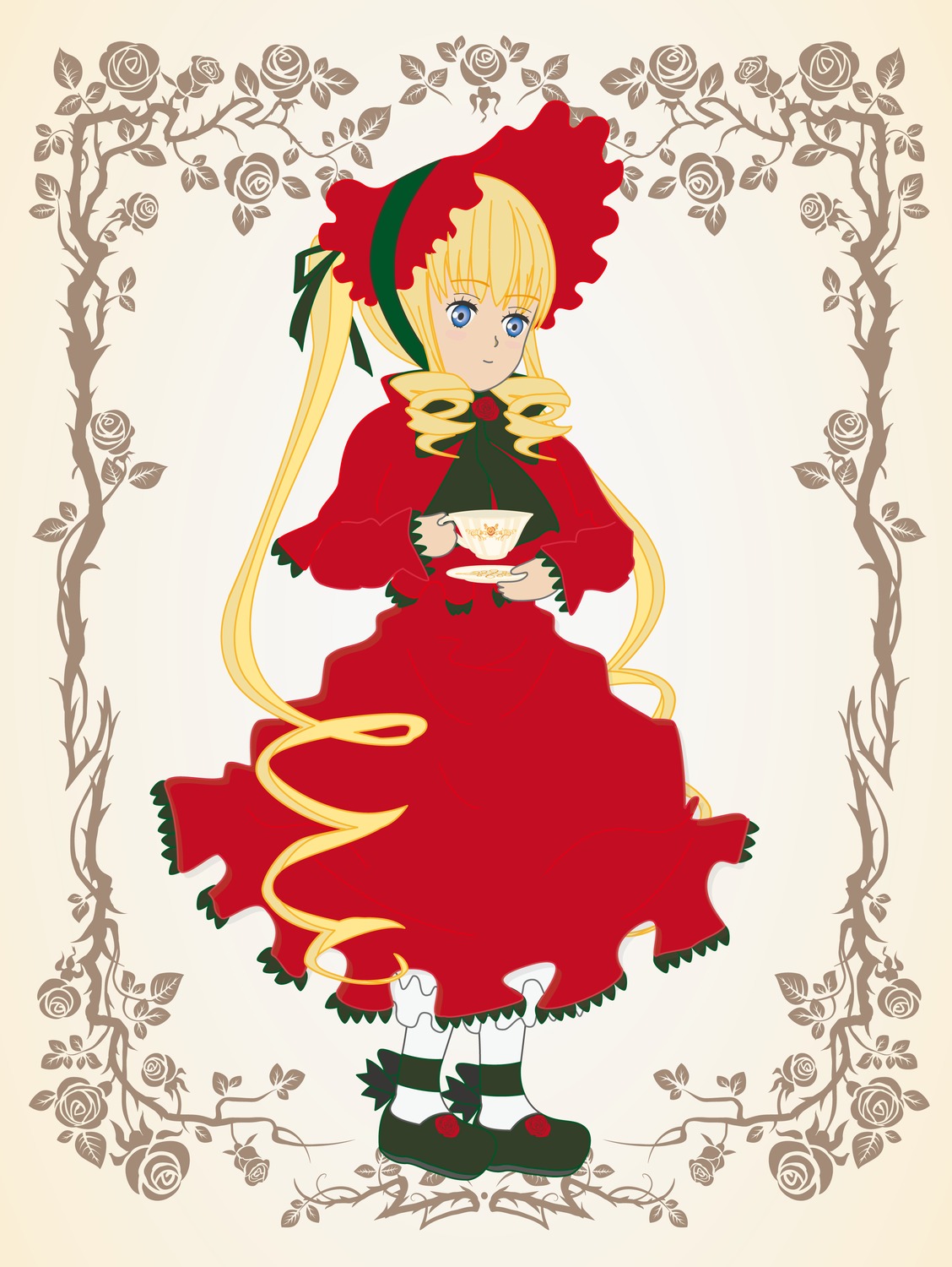 1girl blonde_hair blue_eyes bonnet bow bowtie cup dress drill_hair flower full_body image long_hair long_sleeves looking_at_viewer pantyhose red_capelet red_dress rose shinku shoes solo standing striped teacup twintails very_long_hair