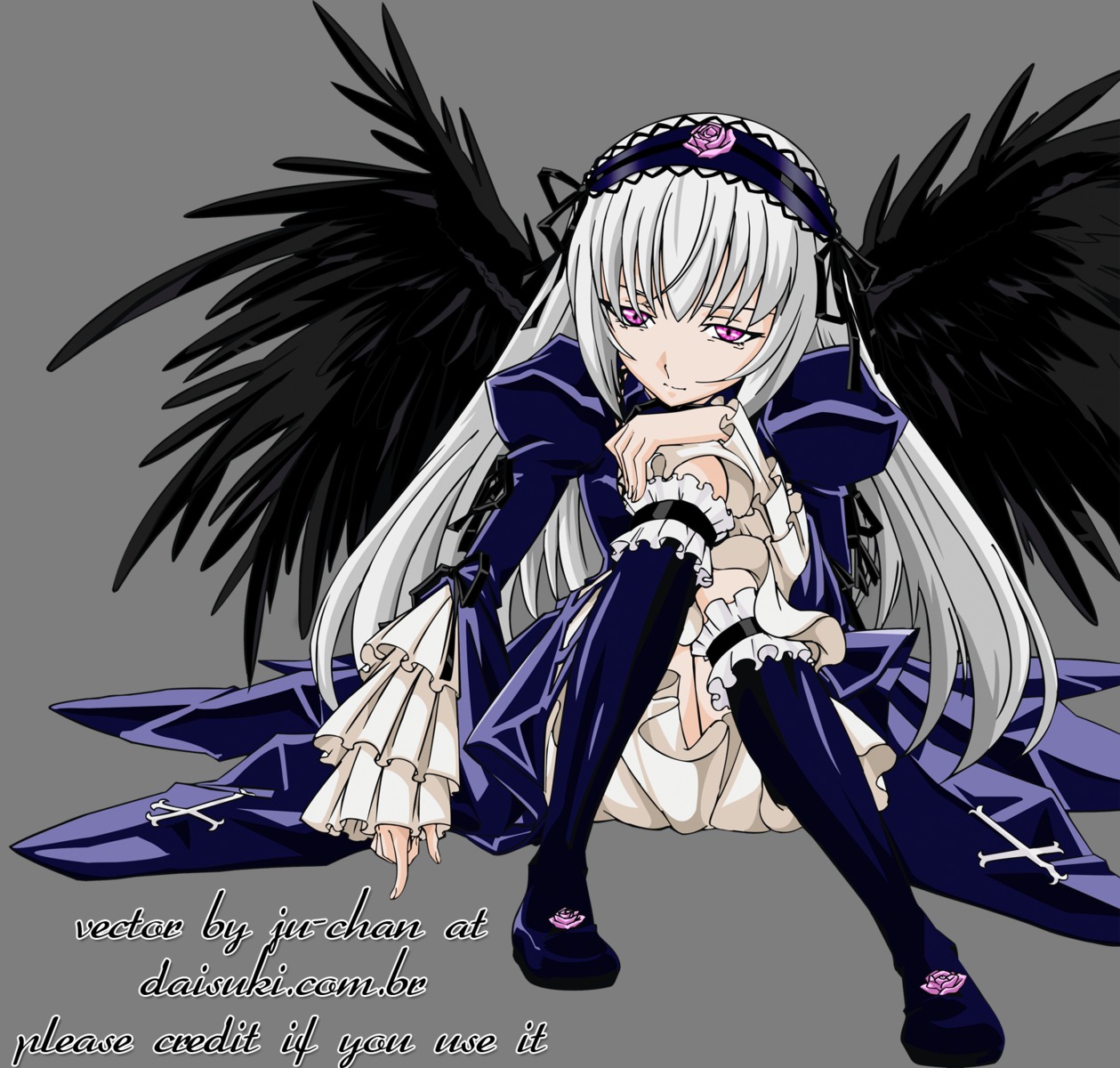 1girl black_wings dress frilled_sleeves frills full_body hairband image long_hair long_sleeves looking_at_viewer pink_eyes ribbon rose silver_hair sitting solo suigintou wings