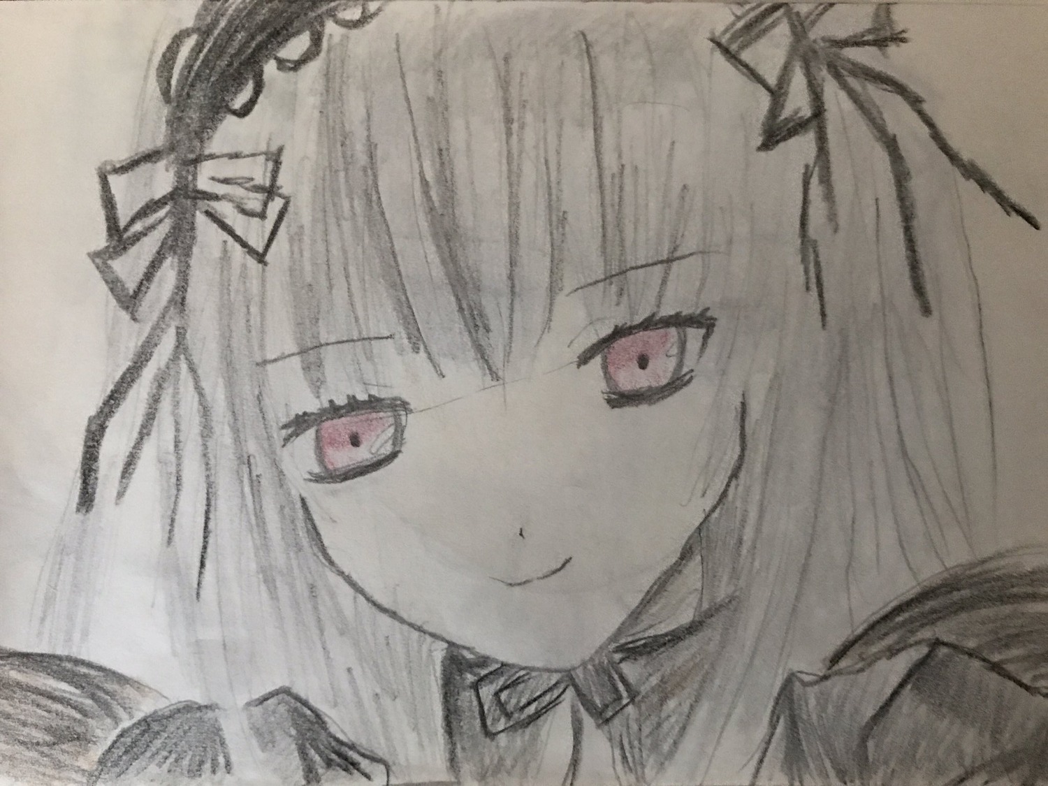 1girl closed_mouth eyebrows_visible_through_hair hair_ornament hair_ribbon image long_hair looking_at_viewer red_eyes ribbon simple_background smile solo suigintou traditional_media virtual_youtuber