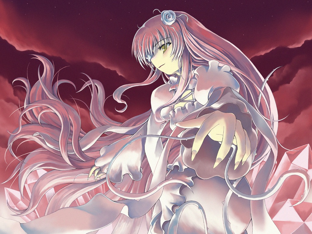 1girl cloud commentary_request crystal fingernails flower green_eyes hair_flower hair_ornament image kirakishou long_fingernails long_hair outstretched_arm outstretched_hand pink_hair plant ranranloo reaching_out rose rozen_maiden sky solo star_(sky) star_(symbol) starry_sky ultimate_madoka very_long_hair vines white_dress yellow_eyes