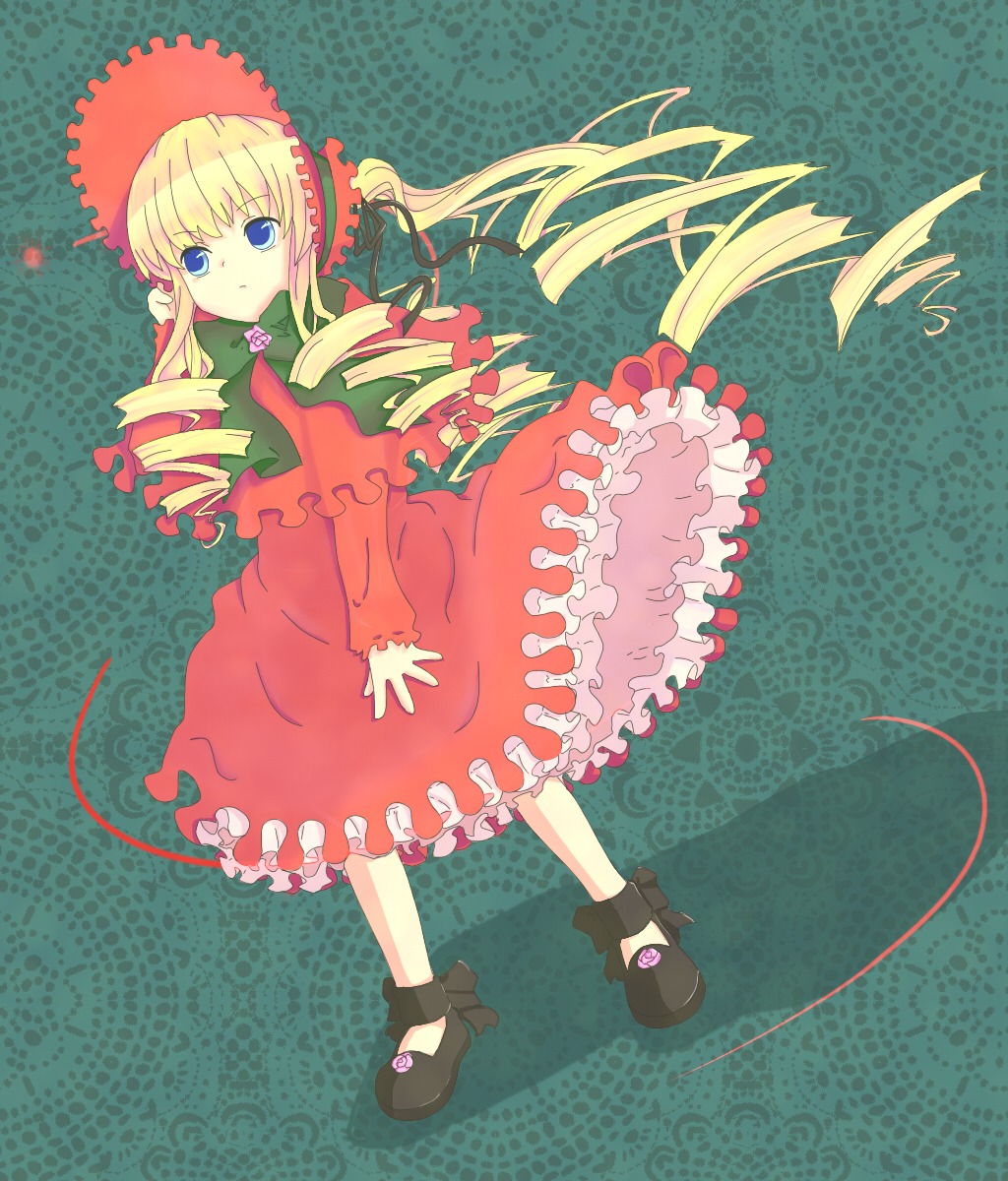 1girl blonde_hair blue_eyes bonnet bow bowtie dress drill_hair frills full_body green_background image long_hair long_sleeves looking_at_viewer red_dress shinku shoes solo standing twin_drills twintails