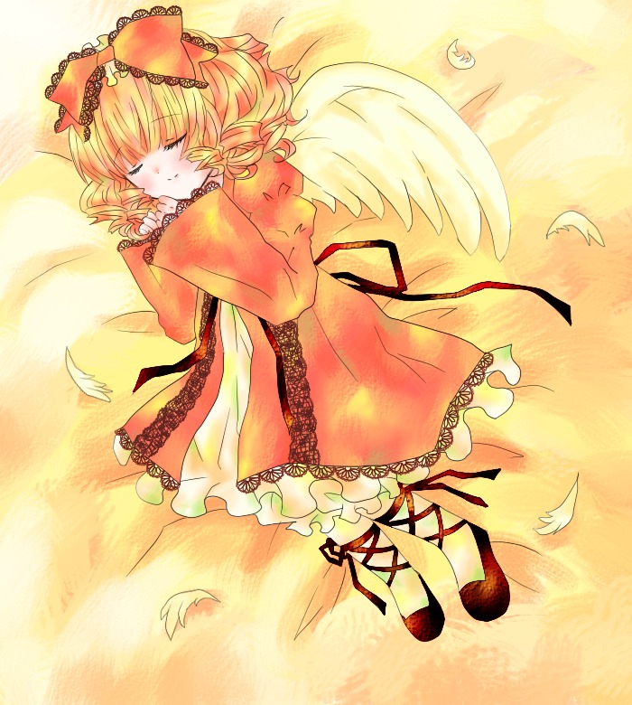 1girl angel_wings blonde_hair closed_eyes dress drill_hair feathered_wings feathers frills hina_ichigo hinaichigo image long_sleeves lying ribbon short_hair sleeping solo white_wings wings