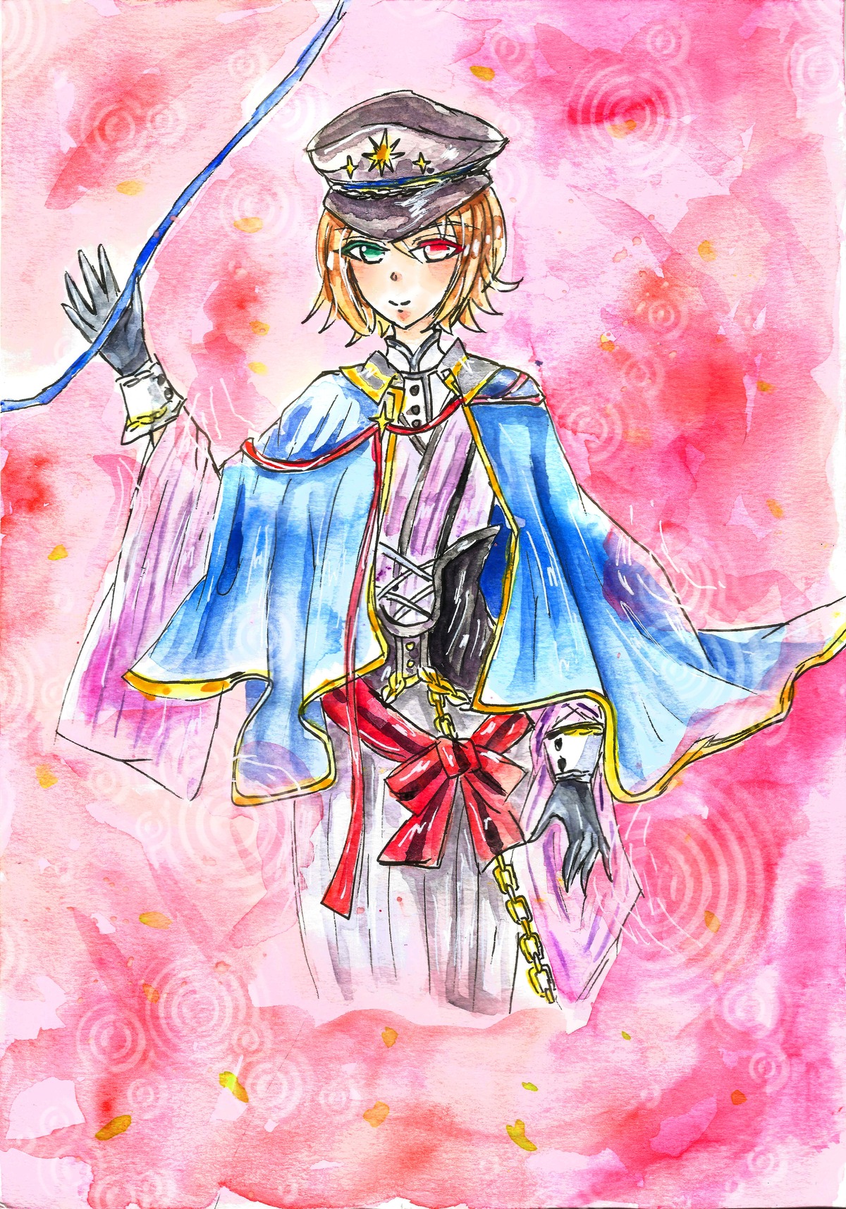 1boy blonde_hair cape flower gloves green_eyes hat heterochromia image red_eyes solo souseiseki taisho traditional_media watercolor_(medium)