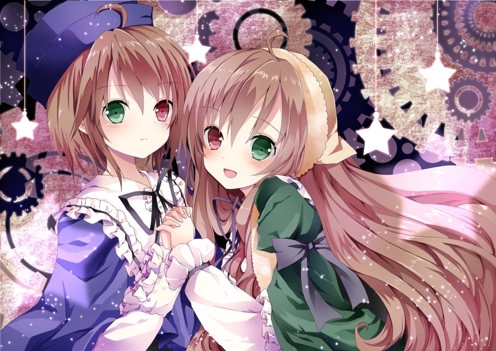 2girls :d arm_ribbon blue_dress blush bonnet brown_hair commentary_request dress gears green_dress green_eyes hat head_scarf heterochromia holding_hands image interlocked_fingers long_hair long_sleeves looking_at_viewer looking_back multiple_girls nanase_nao open_mouth pair red_eyes ribbon rozen_maiden short_hair siblings sisters smile souseiseki star_(symbol) suiseiseki twins umbrella very_long_hair