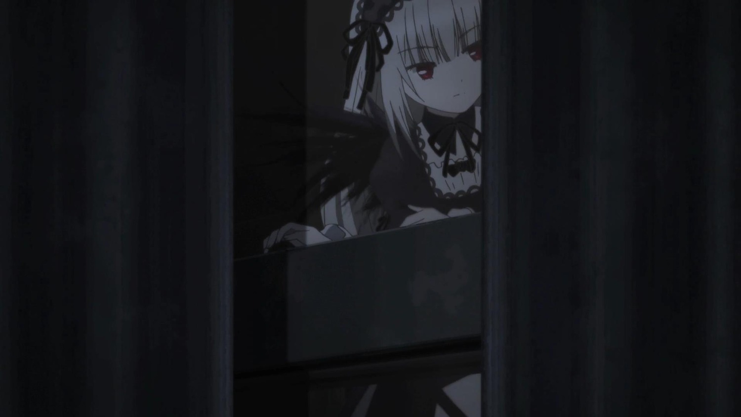 1girl bangs black_dress black_ribbon closed_mouth dress eyebrows_visible_through_hair frills hairband image red_eyes ribbon solo suigintou