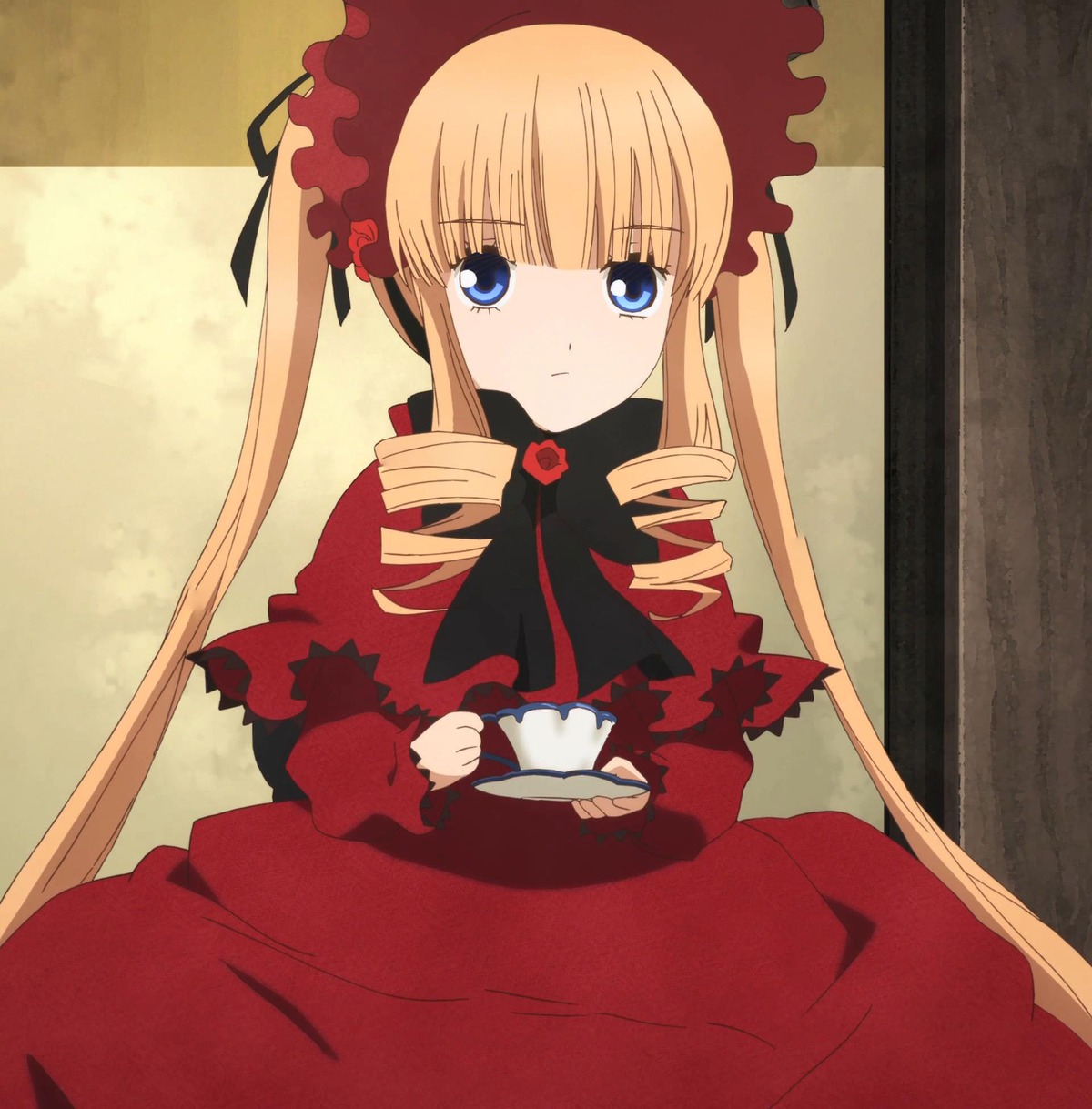 1girl blonde_hair blue_eyes bonnet bow cup dress drill_hair flower holding holding_cup image long_hair long_sleeves looking_at_viewer red_dress saucer shinku sidelocks sitting solo table tea teacup twintails
