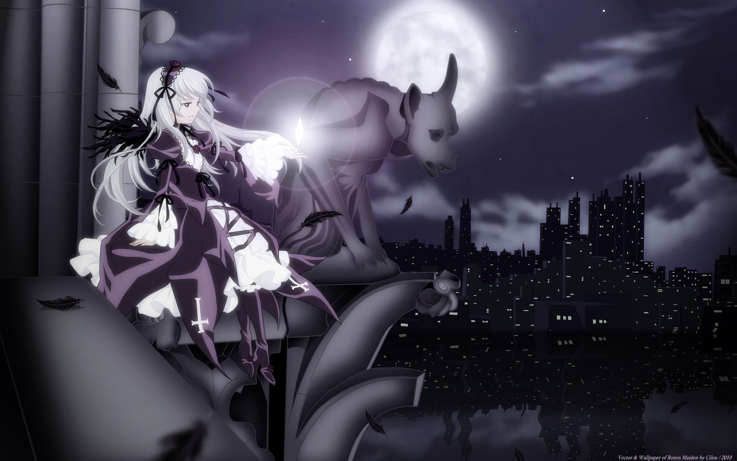 1girl cloud dress full_moon image long_hair moon night night_sky sky solo suigintou very_long_hair