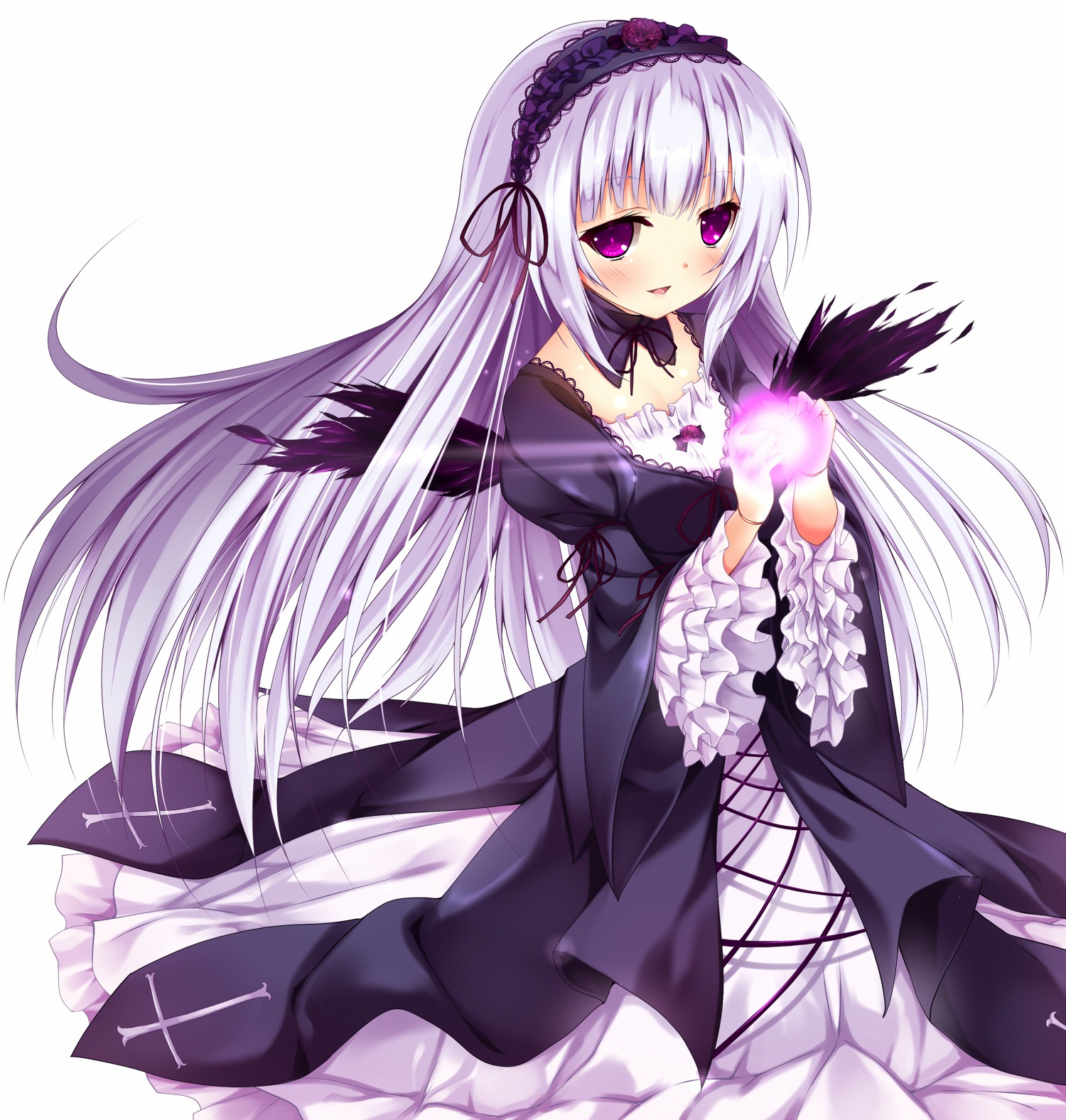 1girl black_dress blush commentary_request detached_collar doll_joints dress flower frilled_sleeves frills hairband highres image joints layered_dress lolita_fashion lolita_hairband long_hair long_sleeves looking_at_viewer nironiro open_mouth pink_eyes purple_eyes rose rozen_maiden silver_hair smile solo suigintou very_long_hair white_dress wide_sleeves wings