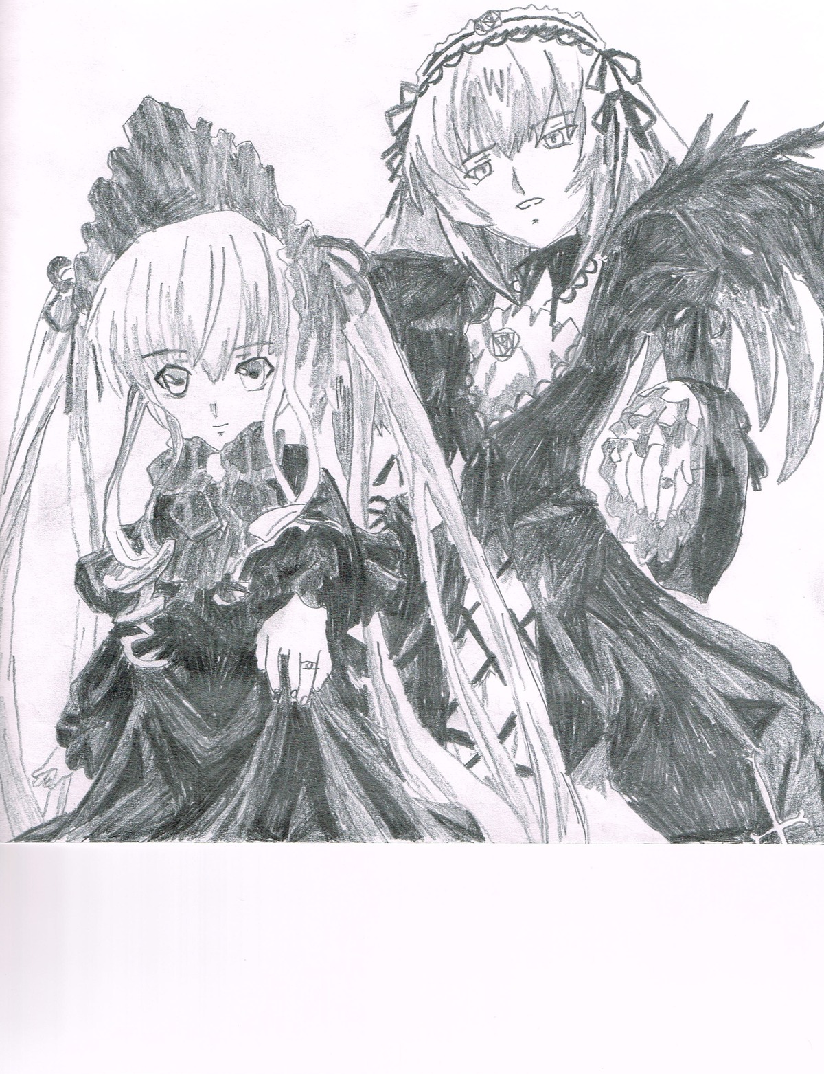 2girls detached_collar dress flower frills greyscale hairband image long_hair long_sleeves looking_at_viewer monochrome multiple_girls pair shinku suigintou traditional_media very_long_hair wings