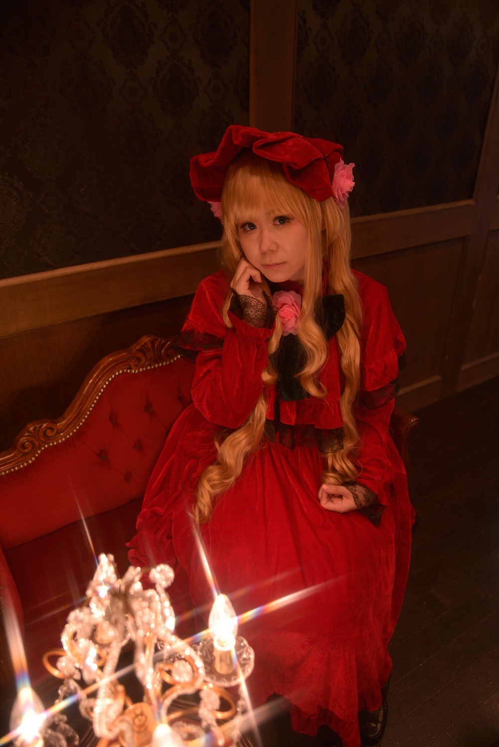 1girl blonde_hair blue_eyes bow dress flower lips long_hair looking_at_viewer realistic red_dress rose shinku sitting solo